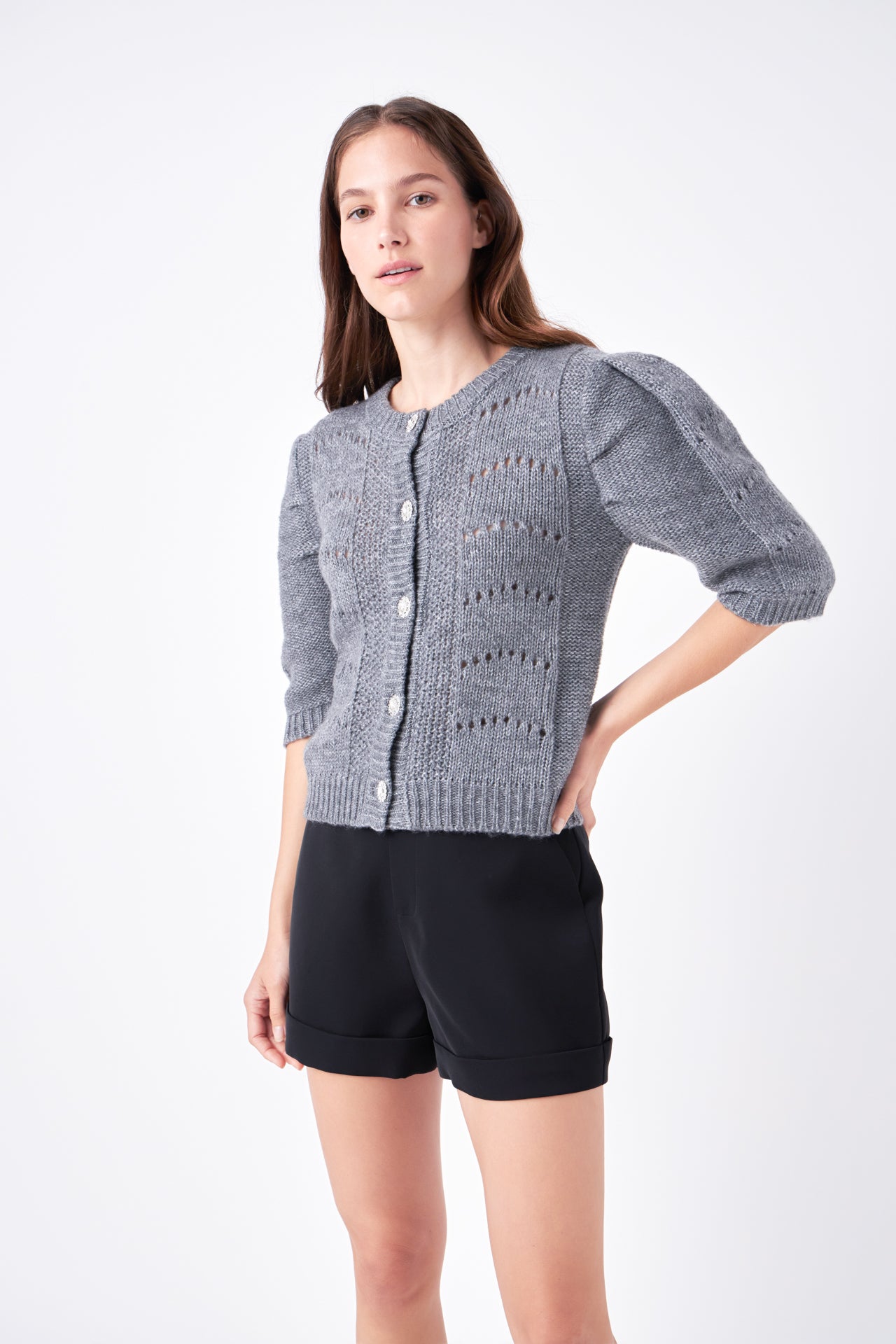 ENGLISH FACTORY - Short Puff Sleeve Knit Cardigan - SWEATERS & KNITS available at Objectrare