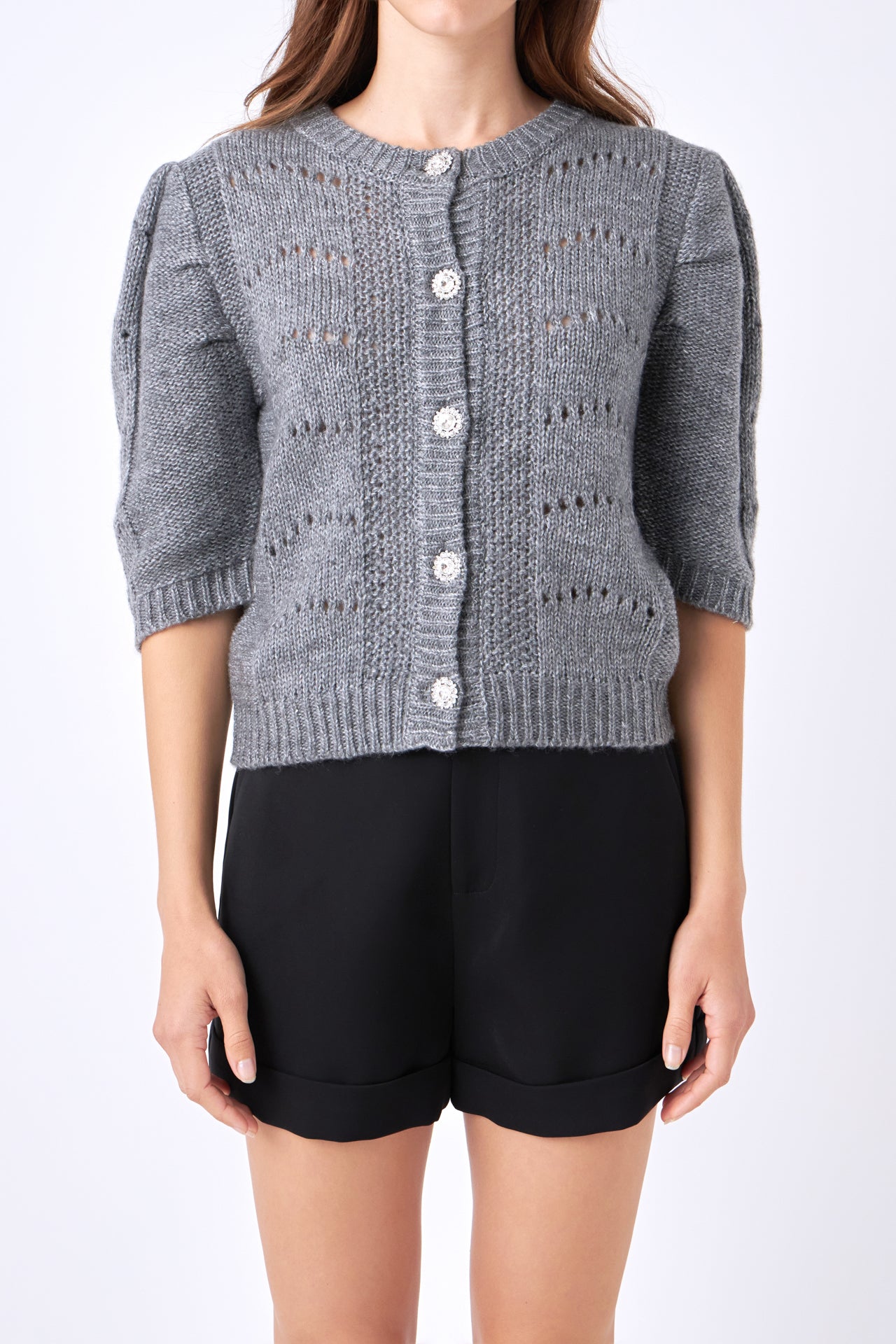 ENGLISH FACTORY - Short Puff Sleeve Knit Cardigan - SWEATERS & KNITS available at Objectrare
