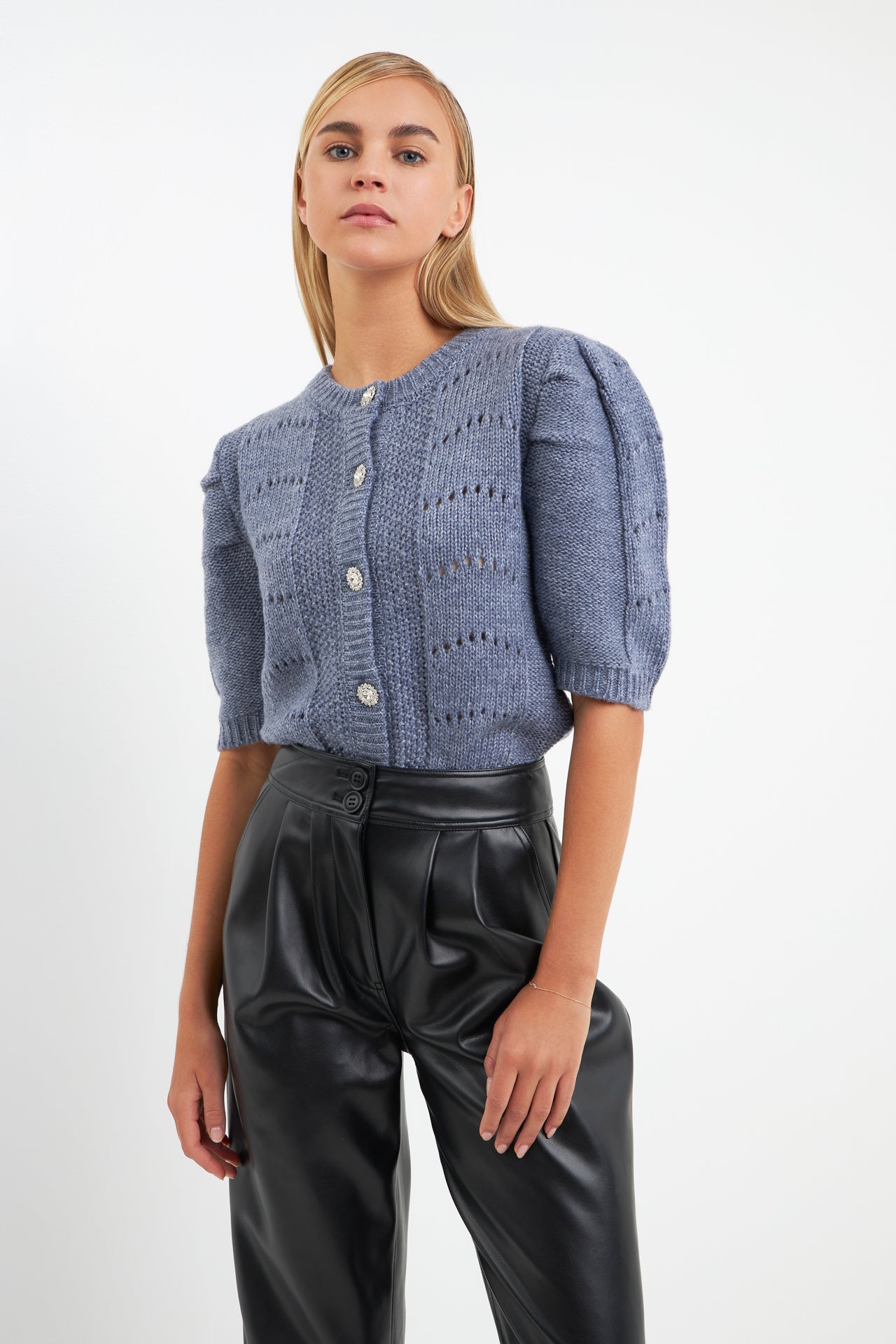 ENGLISH FACTORY - Short Puff Sleeve Knit Cardigan - SWEATERS & KNITS available at Objectrare