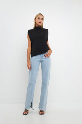 ENGLISH FACTORY - Mock Neck Shoulder Pad Top - TOPS available at Objectrare