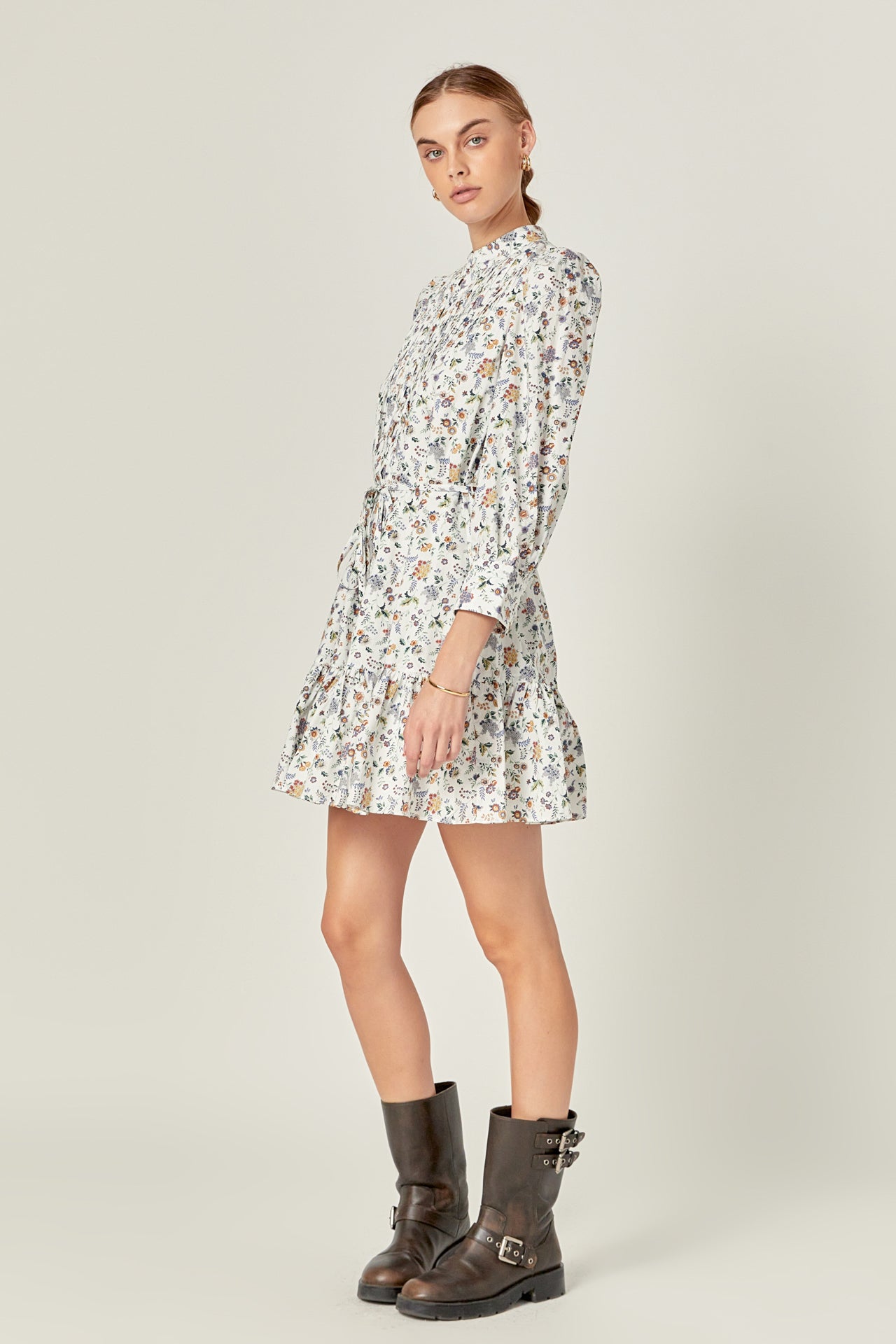 ENGLISH FACTORY - Floral Print Pintuck Smock Mini Dress - DRESSES available at Objectrare