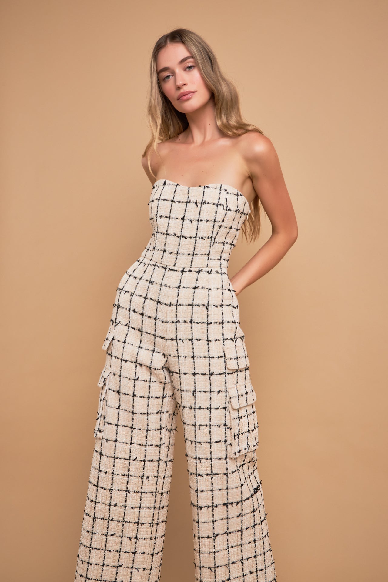 ENGLISH FACTORY - Premium Tweed Sleeveless Cargo Jumpsuit - JUMPSUITS available at Objectrare