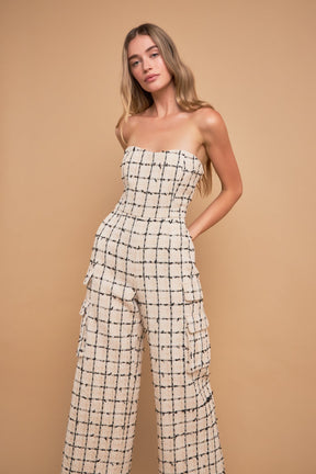 ENGLISH FACTORY - Premium Tweed Sleeveless Cargo Jumpsuit - JUMPSUITS available at Objectrare