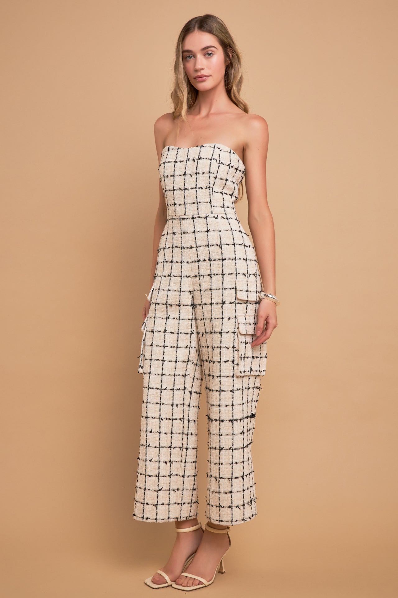 ENGLISH FACTORY - Premium Tweed Sleeveless Cargo Jumpsuit - JUMPSUITS available at Objectrare