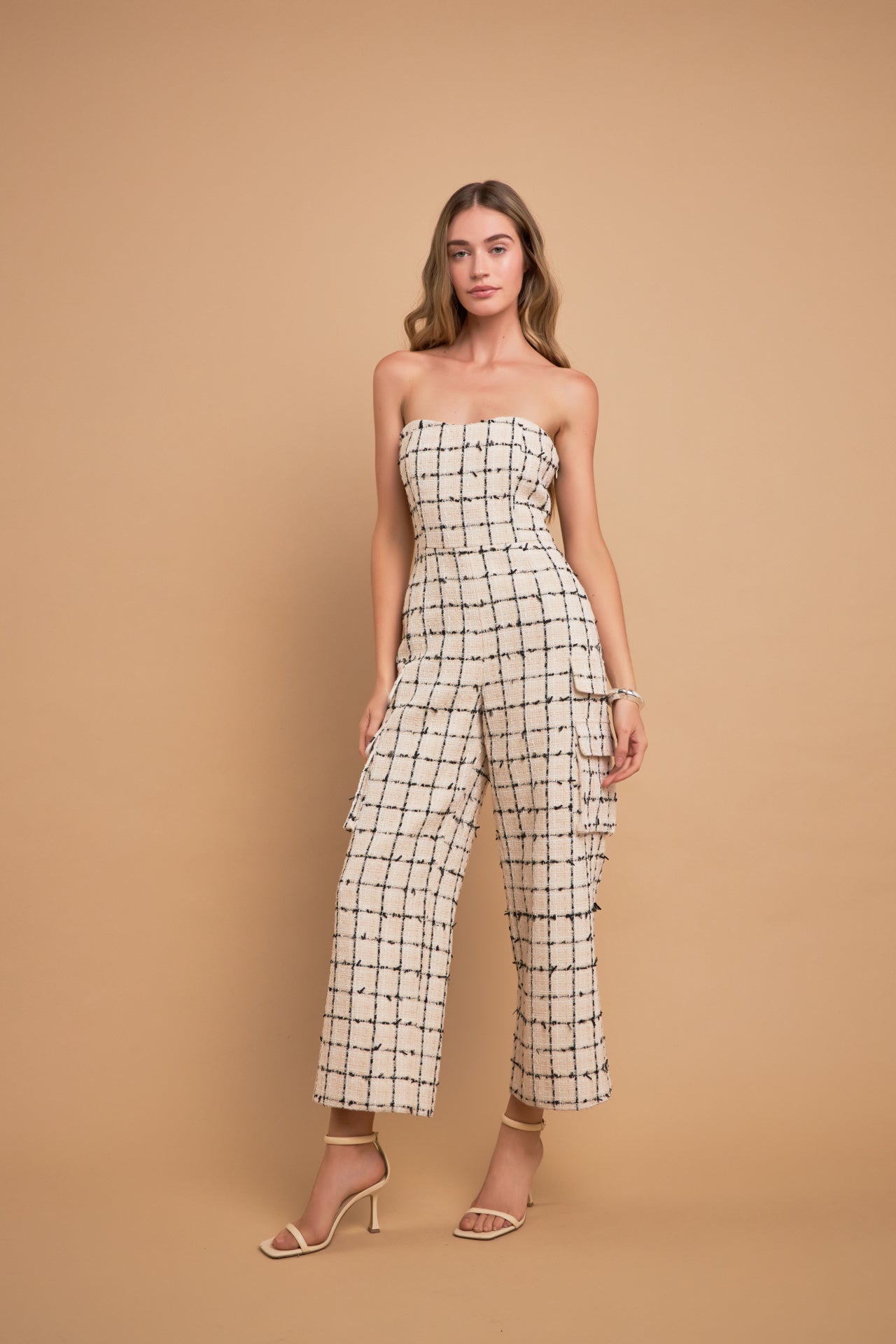 ENGLISH FACTORY - Premium Tweed Sleeveless Cargo Jumpsuit - JUMPSUITS available at Objectrare