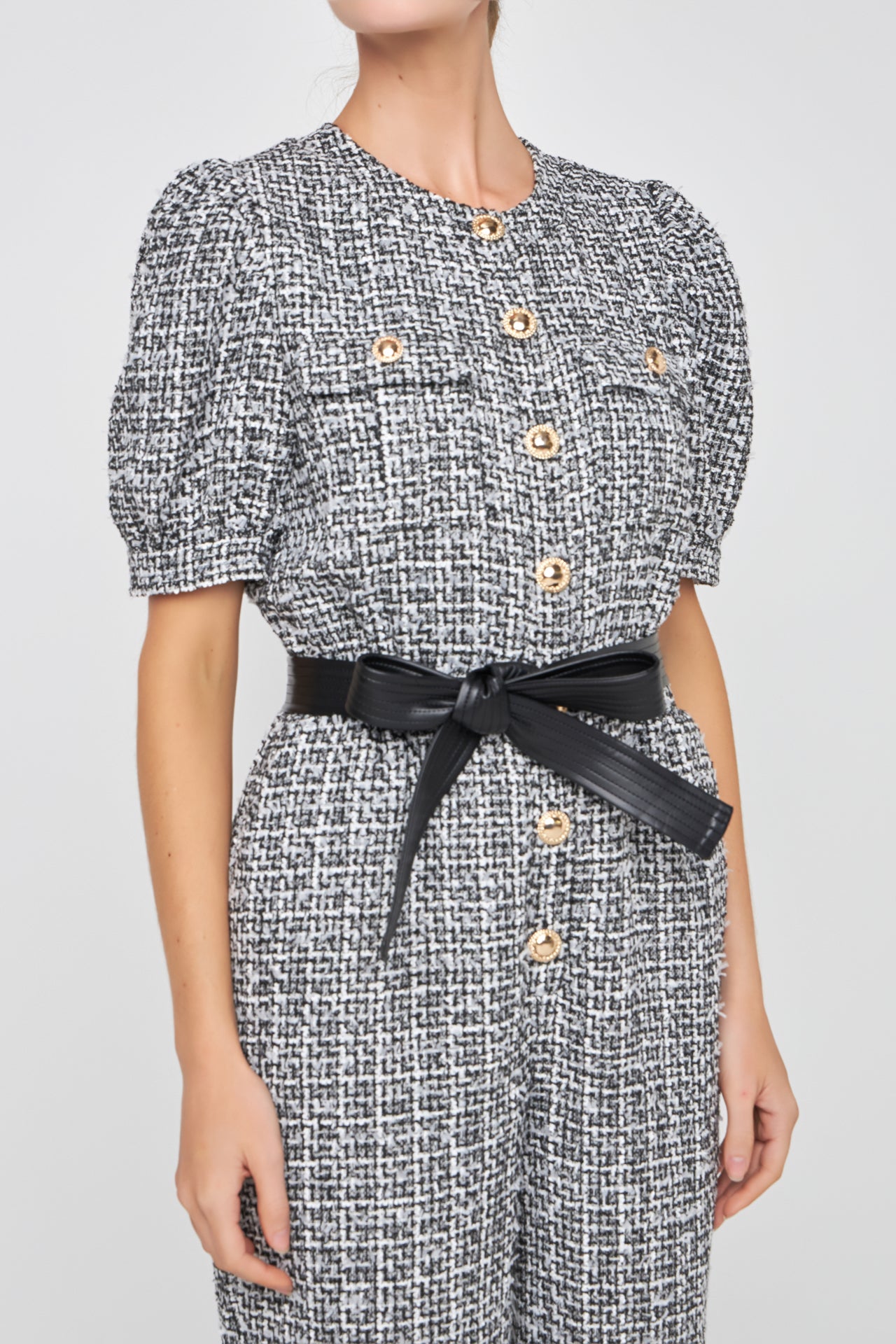ENGLISH FACTORY - Tweed Puff Sleeve Jumpsuit - JUMPSUITS available at Objectrare
