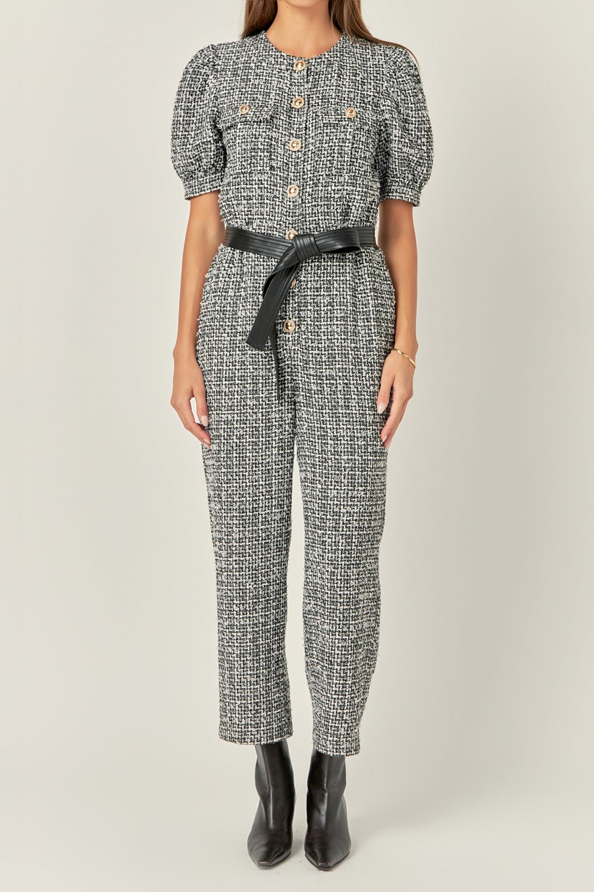ENGLISH FACTORY - Tweed Puff Sleeve Jumpsuit - JUMPSUITS available at Objectrare