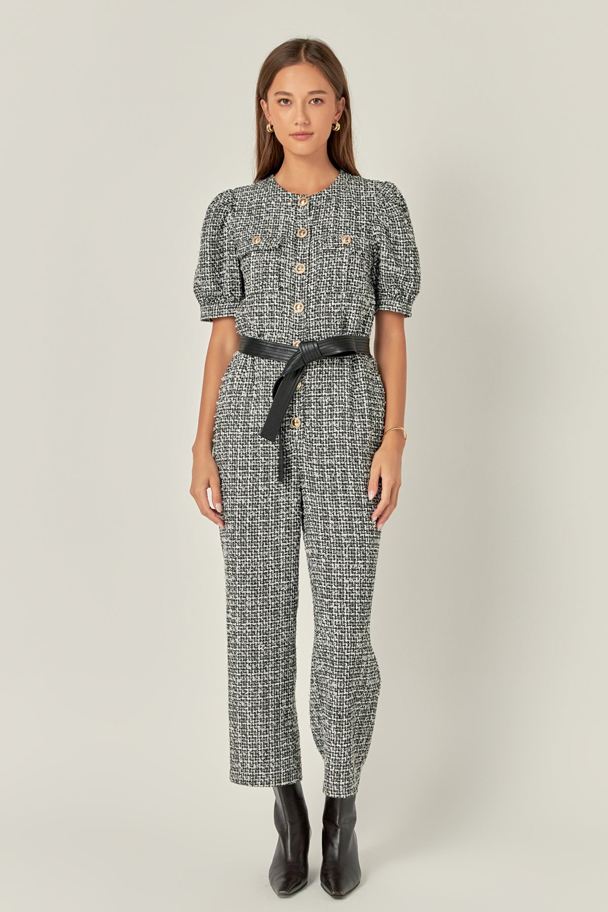 ENGLISH FACTORY - Tweed Puff Sleeve Jumpsuit - JUMPSUITS available at Objectrare