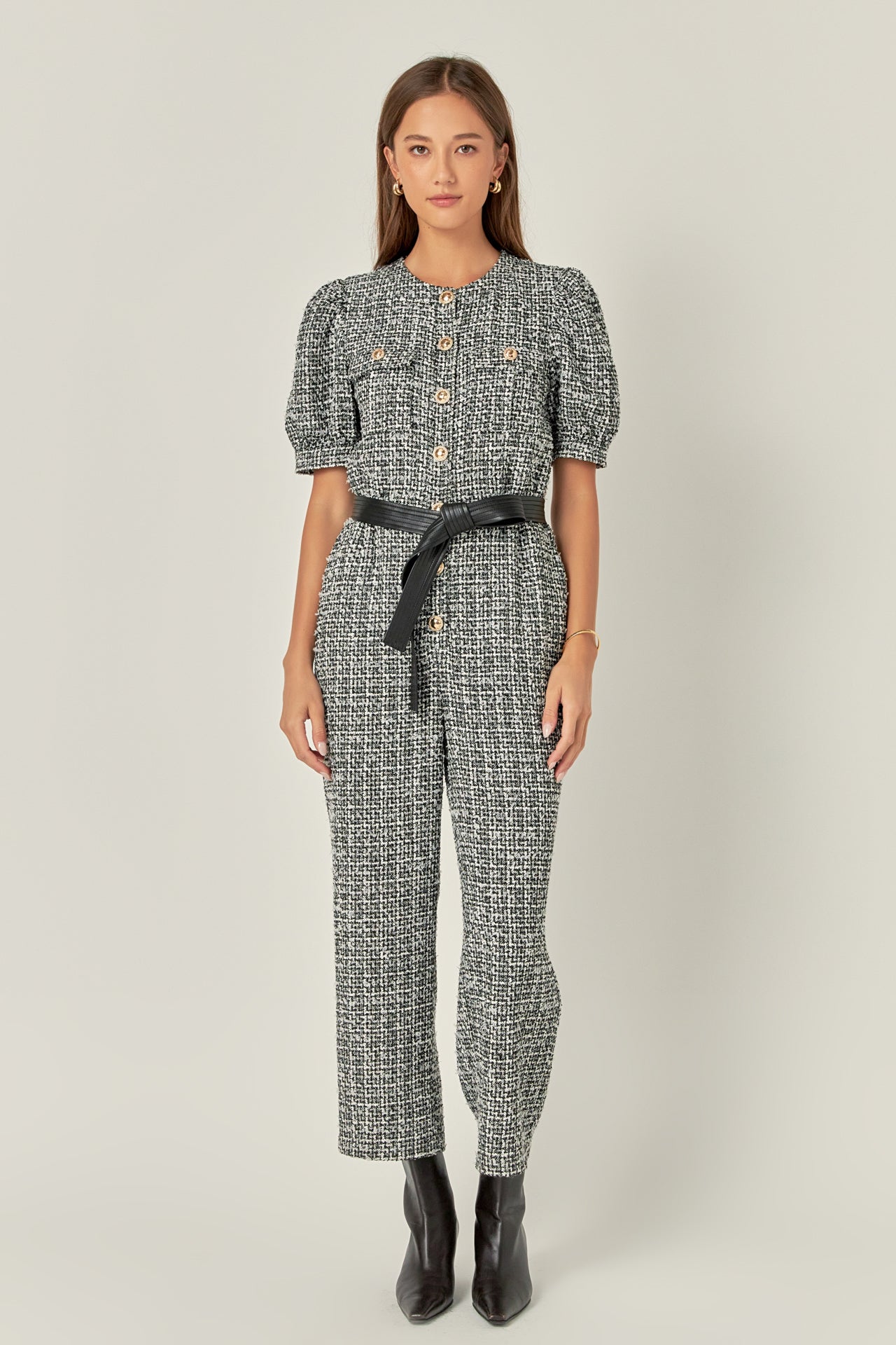 ENGLISH FACTORY - English Factory - Tweed Puff Sleeve Jumpsuit - JUMPSUITS available at Objectrare