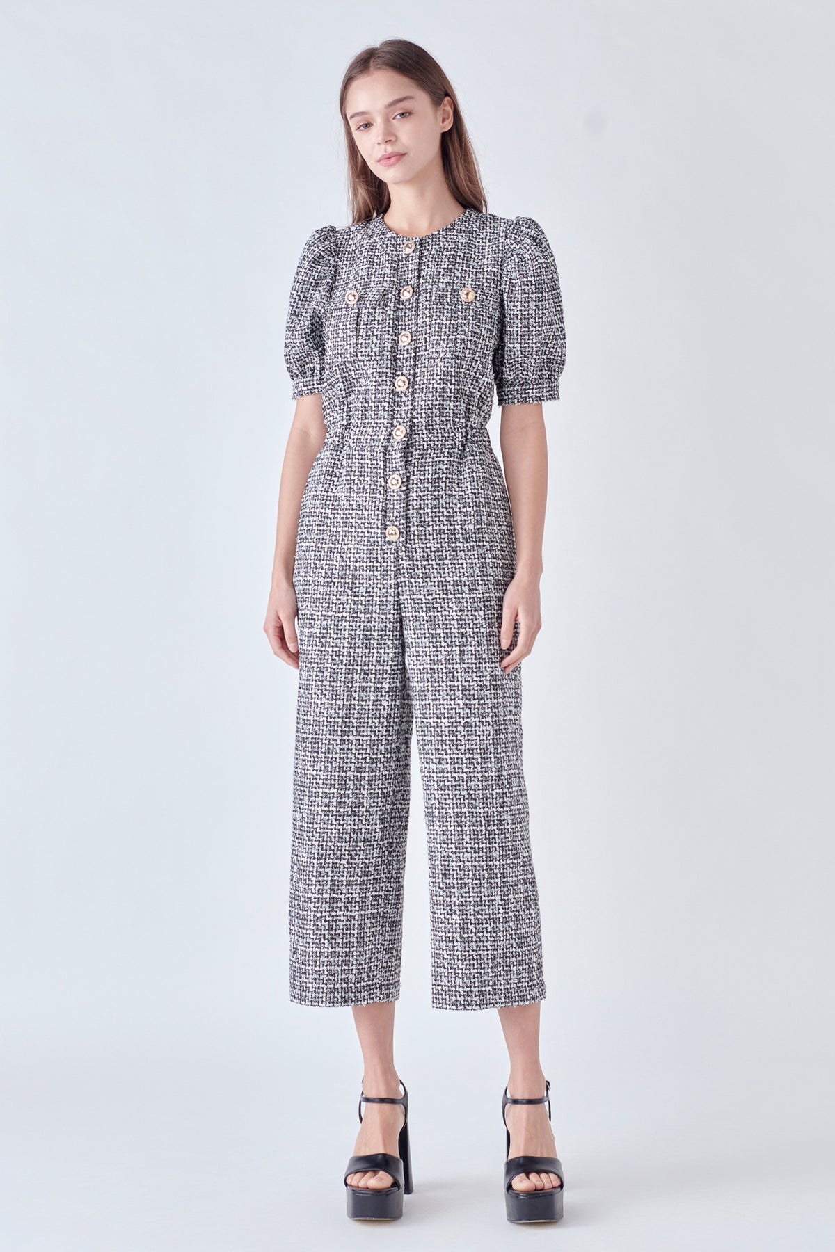 ENGLISH FACTORY - Tweed Puff Sleeve Jumpsuit - JUMPSUITS available at Objectrare