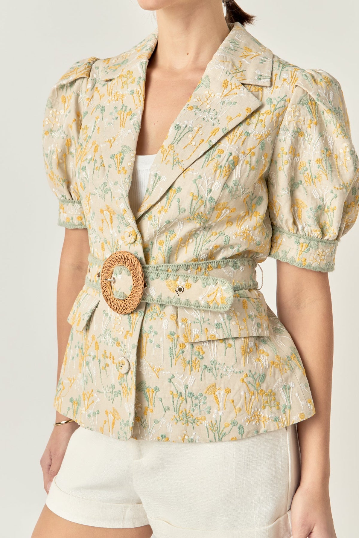 Premium Embroidered Linen Belted Short Sleeve Jacket