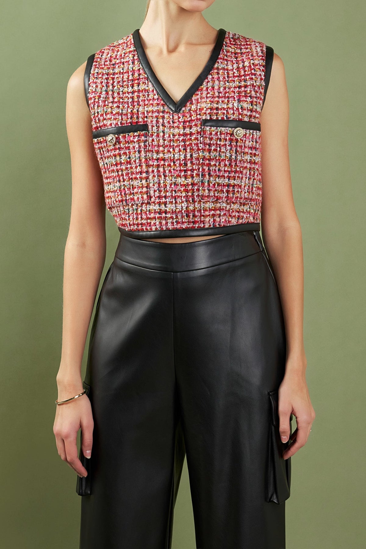 ENGLISH FACTORY - Tweed Vest with Faux Leather Trim - TOPS available at Objectrare