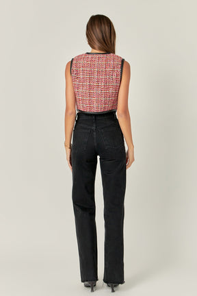ENGLISH FACTORY - Tweed Vest with Faux Leather Trim - TOPS available at Objectrare