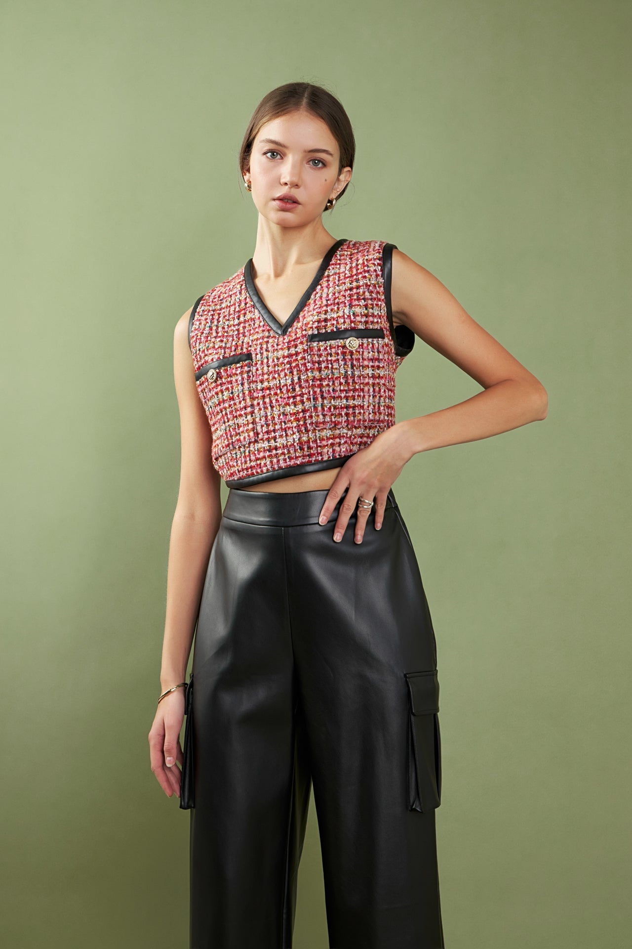 ENGLISH FACTORY - English Factory - Tweed Vest with Faux Leather Trim - TOPS available at Objectrare