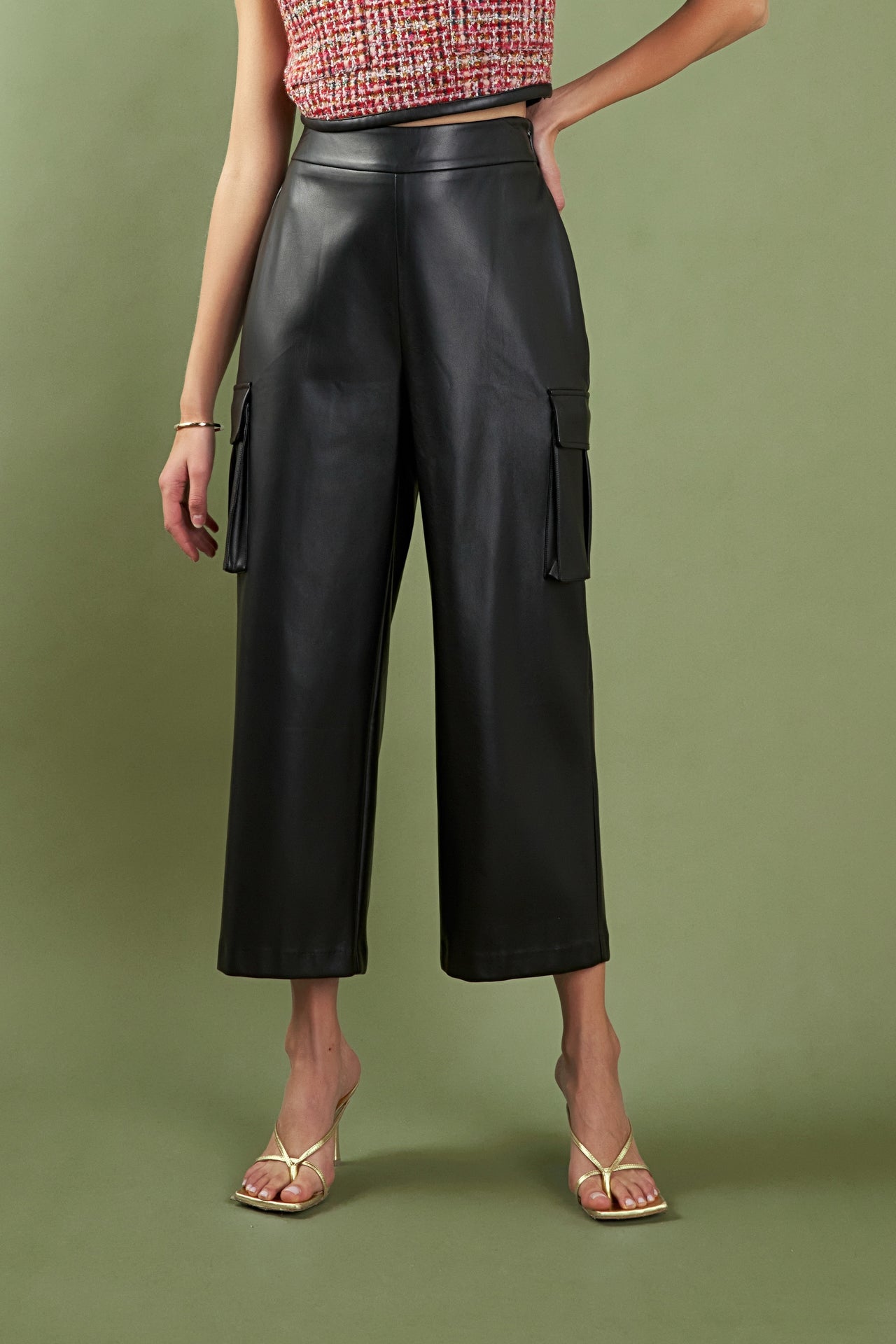 ENGLISH FACTORY - Faux Leather Cropped Cargo Pants - PANTS available at Objectrare