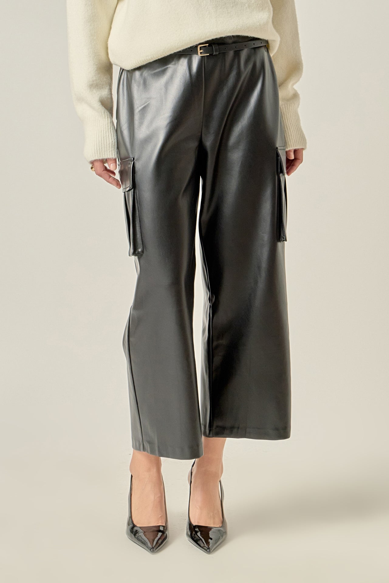 ENGLISH FACTORY - Faux Leather Cropped Cargo Pants - PANTS available at Objectrare