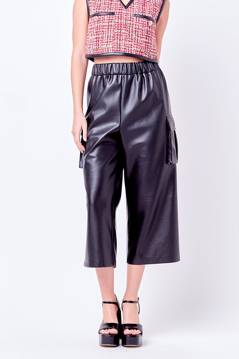 ENGLISH FACTORY - Faux Leather Cropped Cargo Pants - PANTS available at Objectrare
