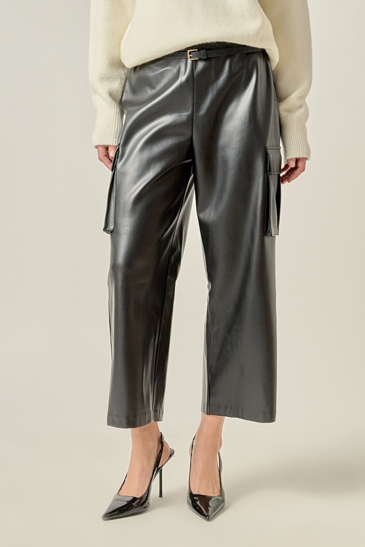 ENGLISH FACTORY - Faux Leather Cropped Cargo Pants - PANTS available at Objectrare