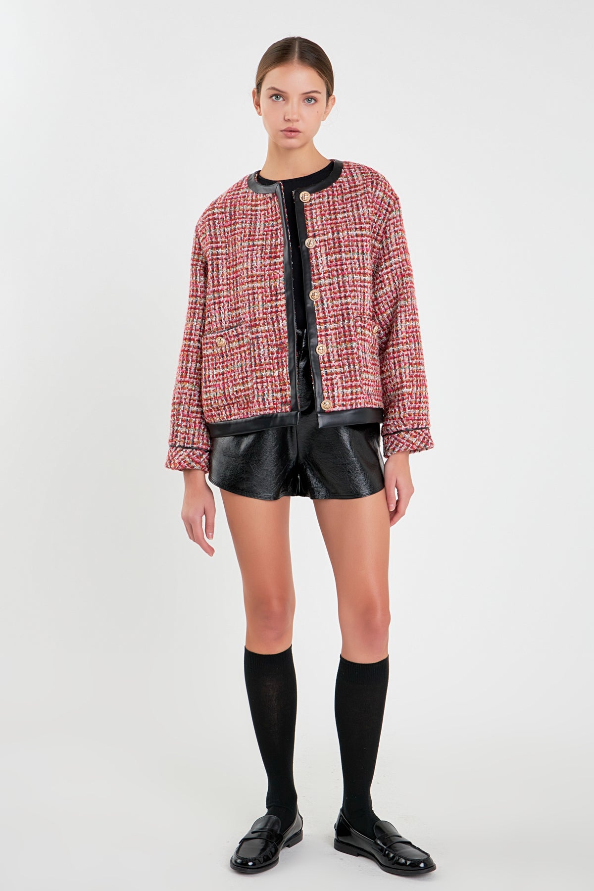 ENGLISH FACTORY - Faux Leather Trim Tweed Jacket - JACKETS available at Objectrare