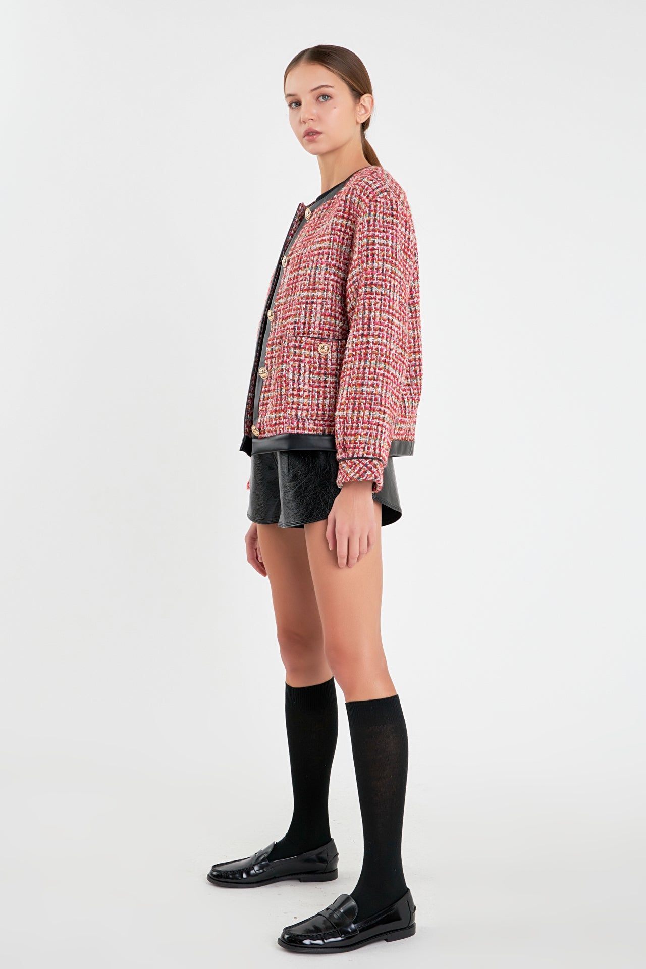 ENGLISH FACTORY - Faux Leather Trim Tweed Jacket - JACKETS available at Objectrare