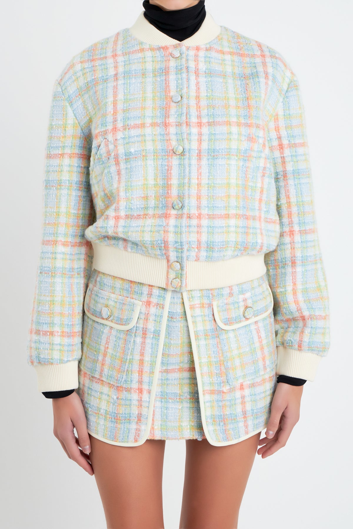 ENGLISH FACTORY - Plaid Boucle Bomber Jacket - JACKETS available at Objectrare