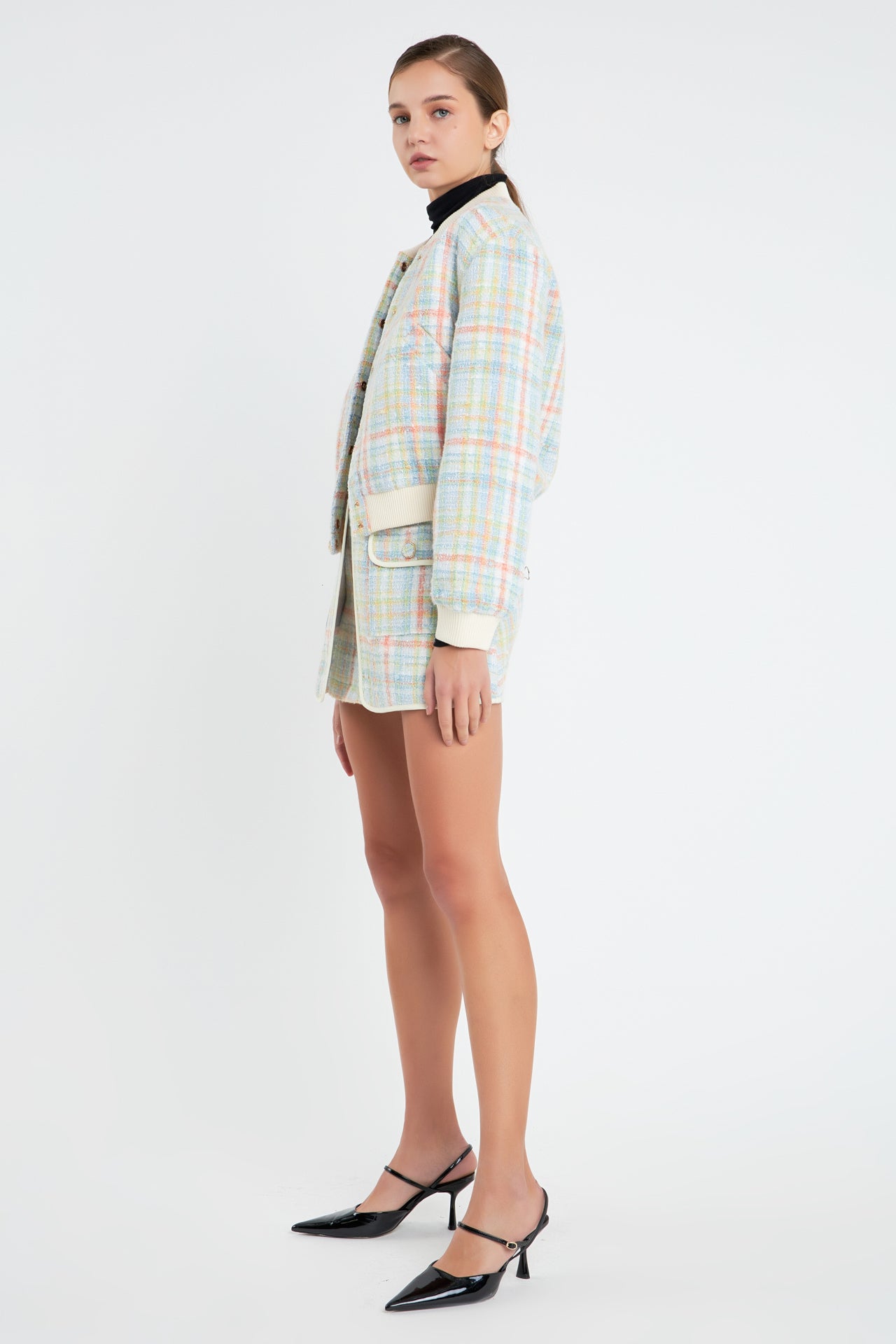 ENGLISH FACTORY - Plaid Boucle Bomber Jacket - JACKETS available at Objectrare