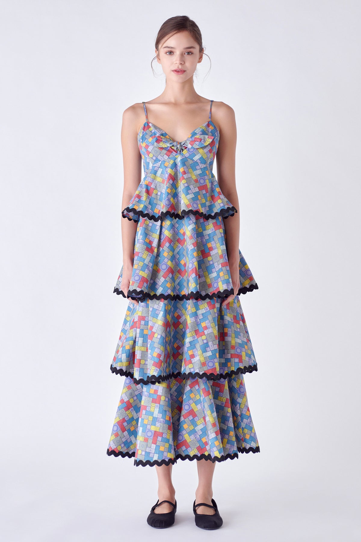 ENGLISH FACTORY - Grid Print Tiered Maxi Dress with Ric Rac Trim - DRESSES available at Objectrare