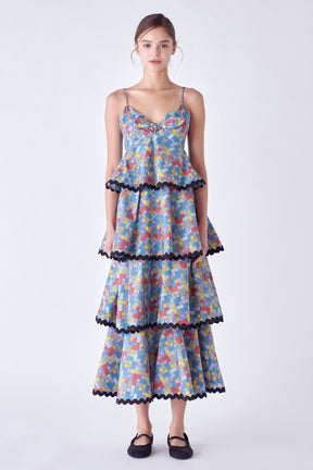 ENGLISH FACTORY - Grid Print Tiered Maxi Dress with Ric Rac Trim - DRESSES available at Objectrare