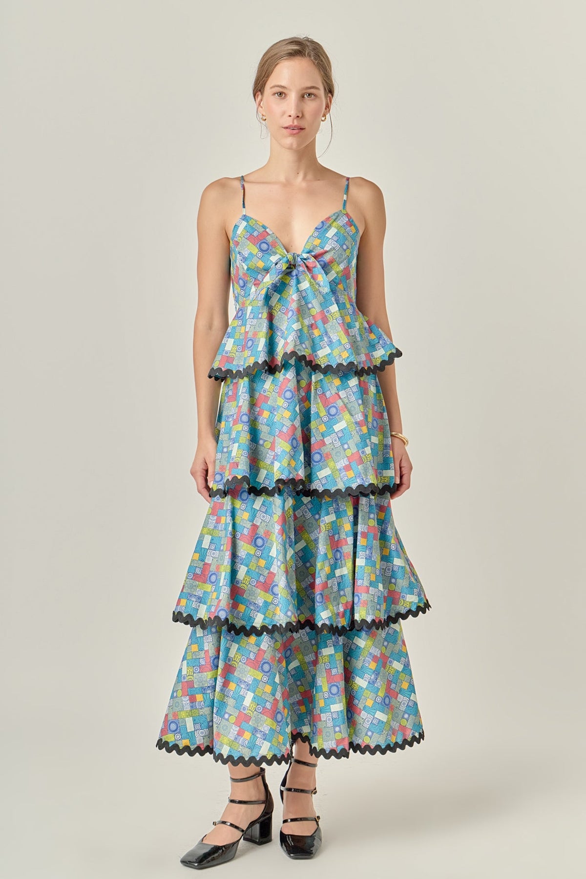 ENGLISH FACTORY - Grid Print Tiered Maxi Dress with Ric Rac Trim - DRESSES available at Objectrare