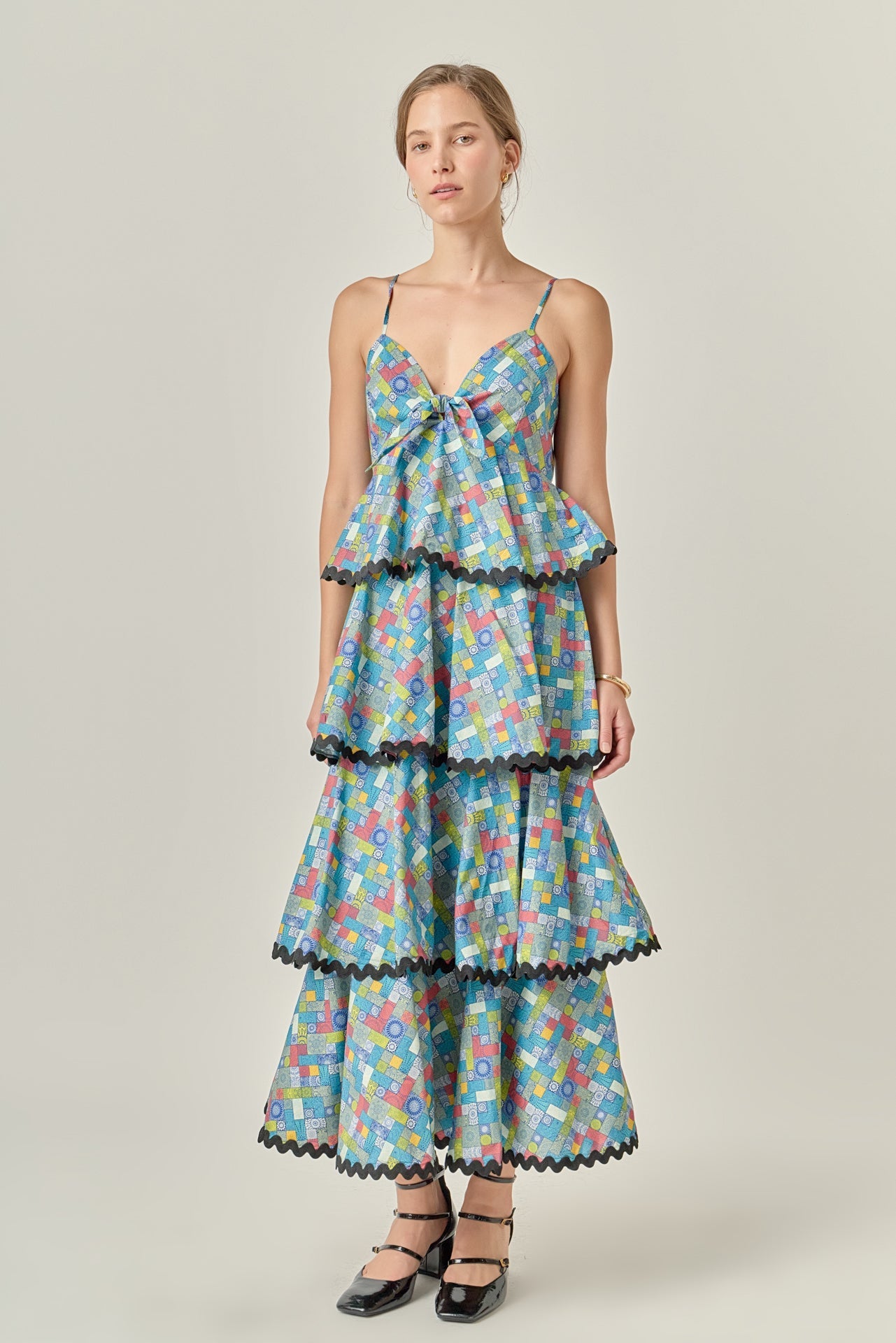 ENGLISH FACTORY - Grid Print Tiered Maxi Dress with Ric Rac Trim - DRESSES available at Objectrare