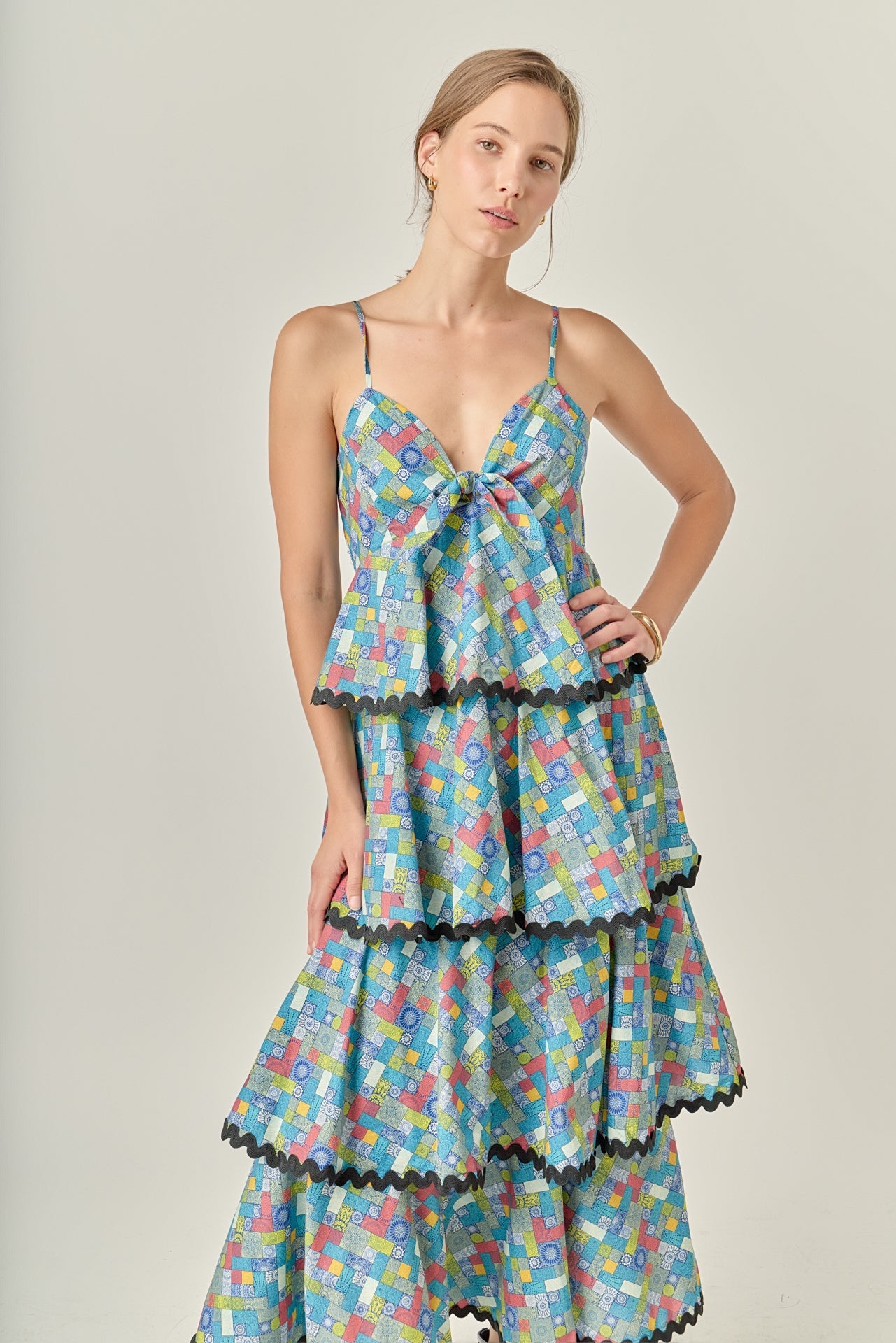 ENGLISH FACTORY - Grid Print Tiered Maxi Dress with Ric Rac Trim - DRESSES available at Objectrare