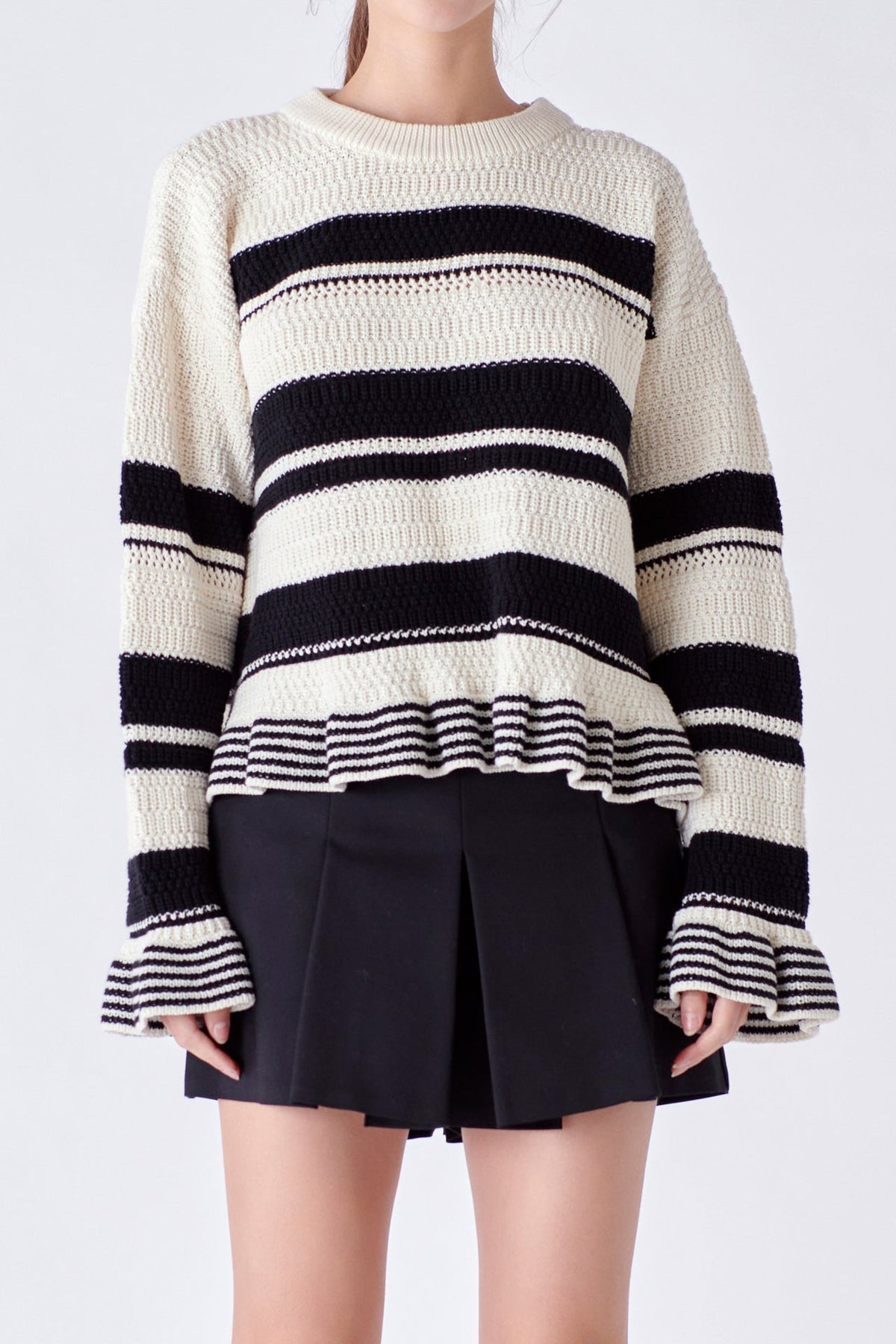 ENGLISH FACTORY - Striped Knit Sweater With Ruffles - SWEATERS & KNITS available at Objectrare