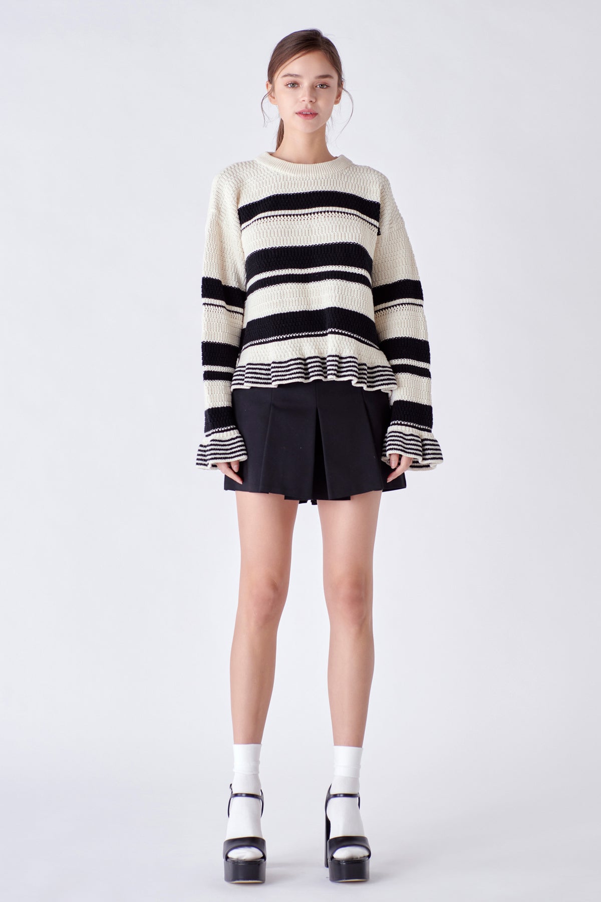 ENGLISH FACTORY - Striped Knit Sweater With Ruffles - SWEATERS & KNITS available at Objectrare
