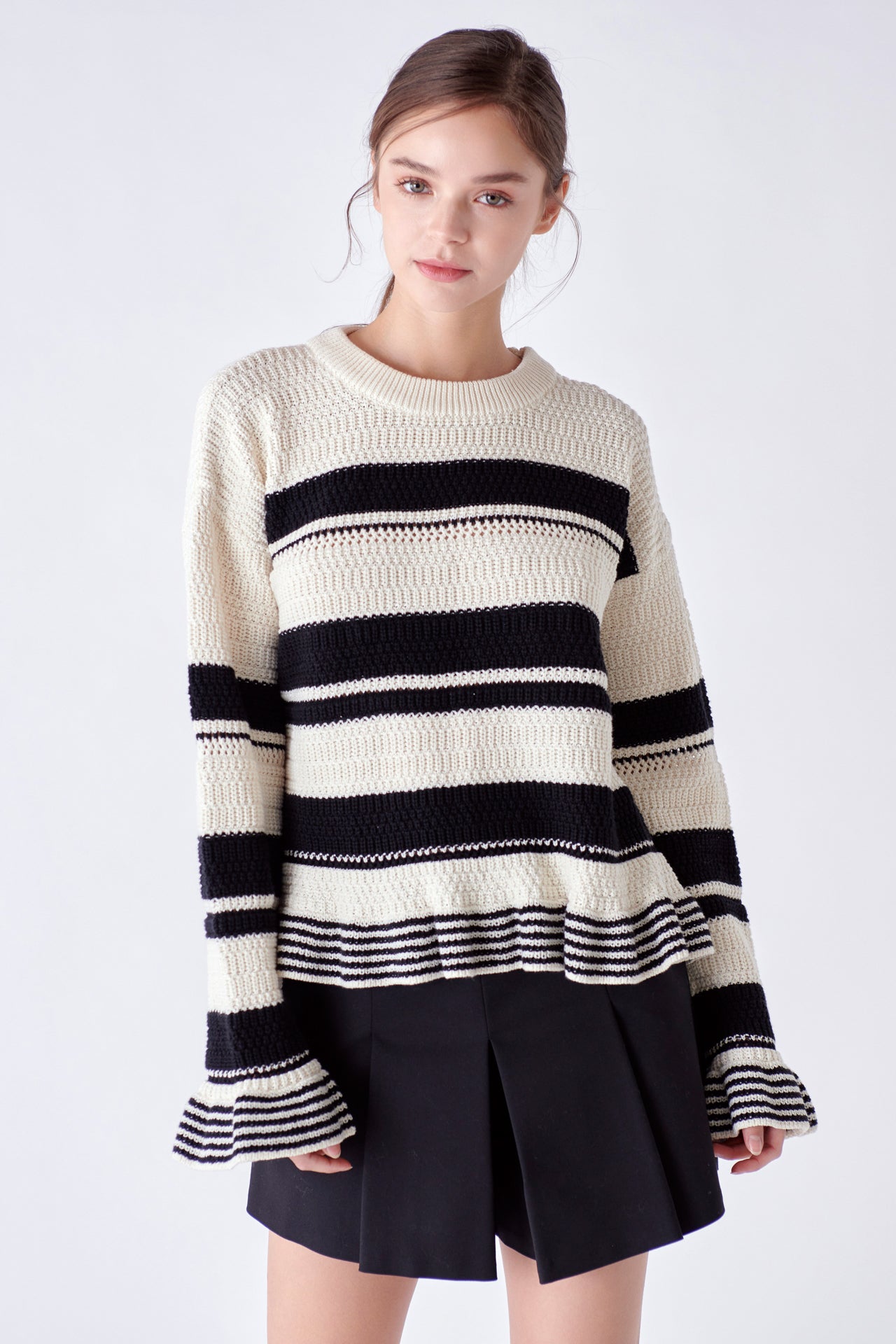 ENGLISH FACTORY - Striped Knit Sweater With Ruffles - SWEATERS & KNITS available at Objectrare