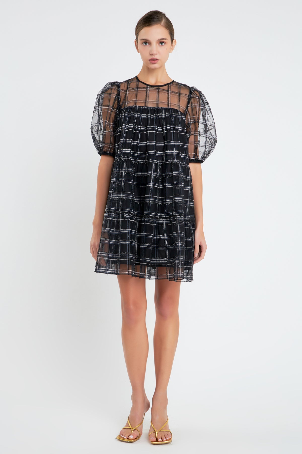 ENGLISH FACTORY - Embroidered Mesh Puff Sleeve Mini Tiered Dress - DRESSES available at Objectrare