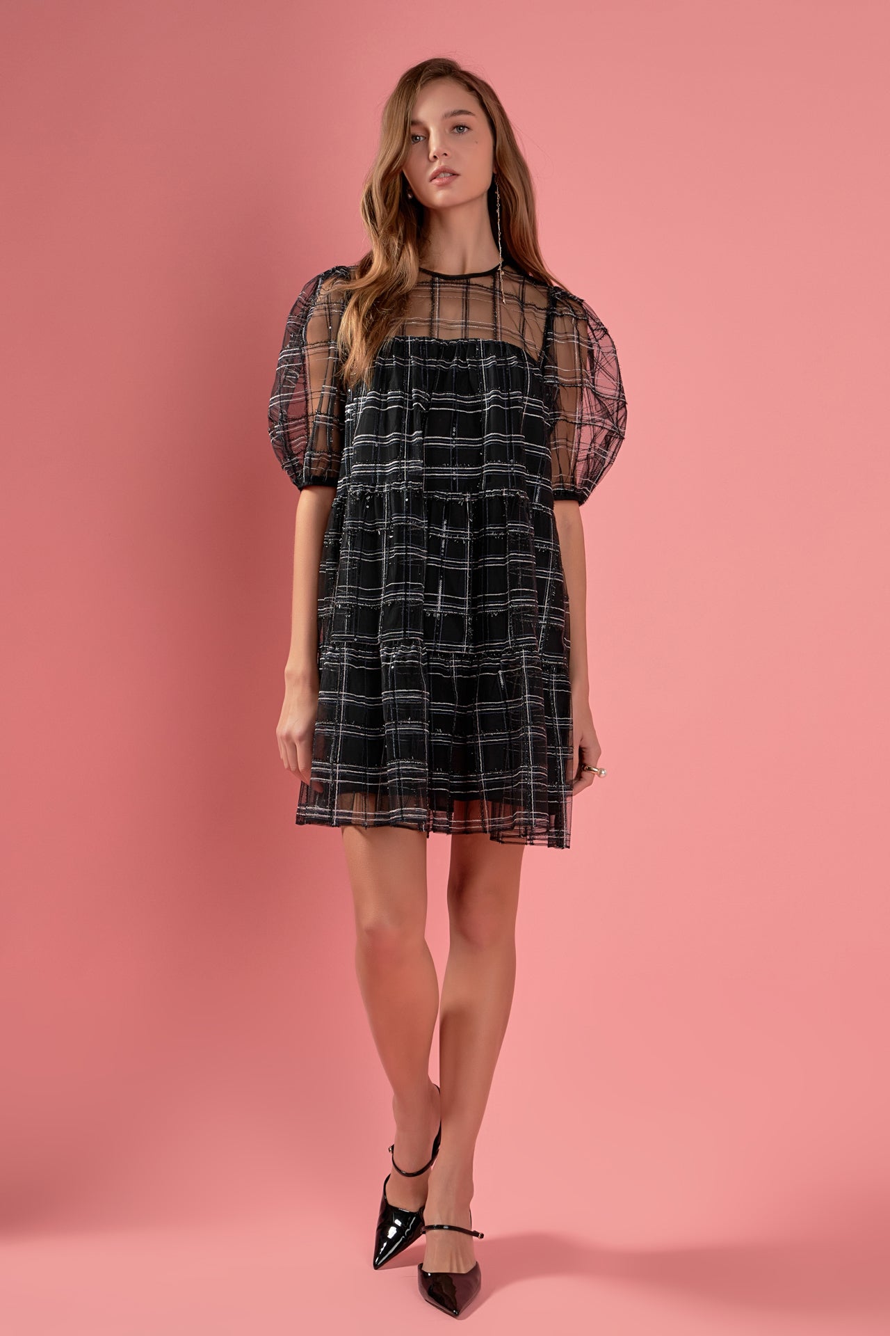 ENGLISH FACTORY - Embroidered Mesh Puff Sleeve Mini Tiered Dress - DRESSES available at Objectrare