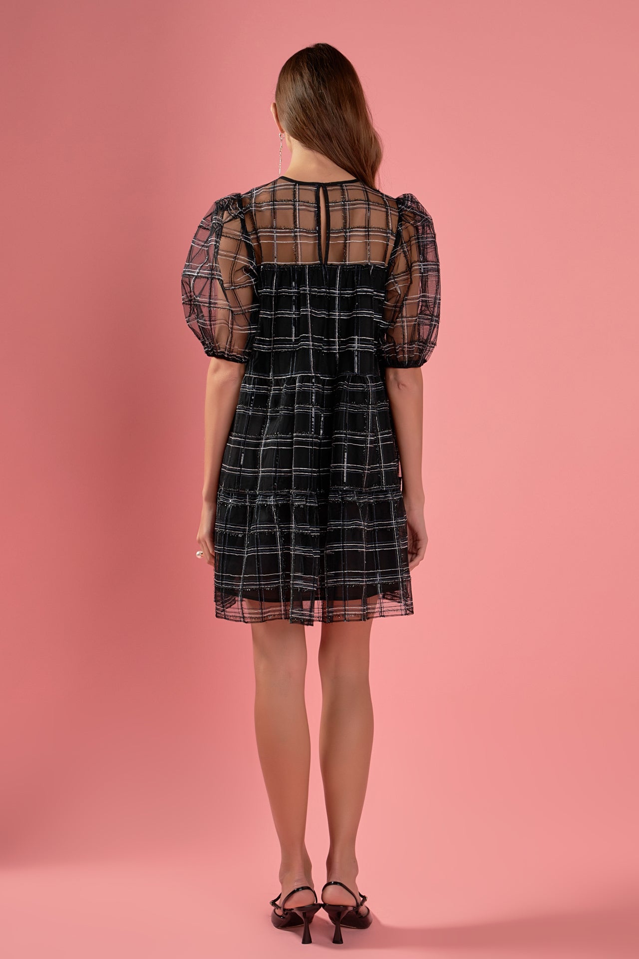 ENGLISH FACTORY - English Factory - Embroidered Mesh Puff Sleeve Mini Tiered Dress - DRESSES available at Objectrare