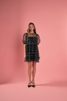 Embroidered Mesh Puff Sleeve Mini Tiered Dress