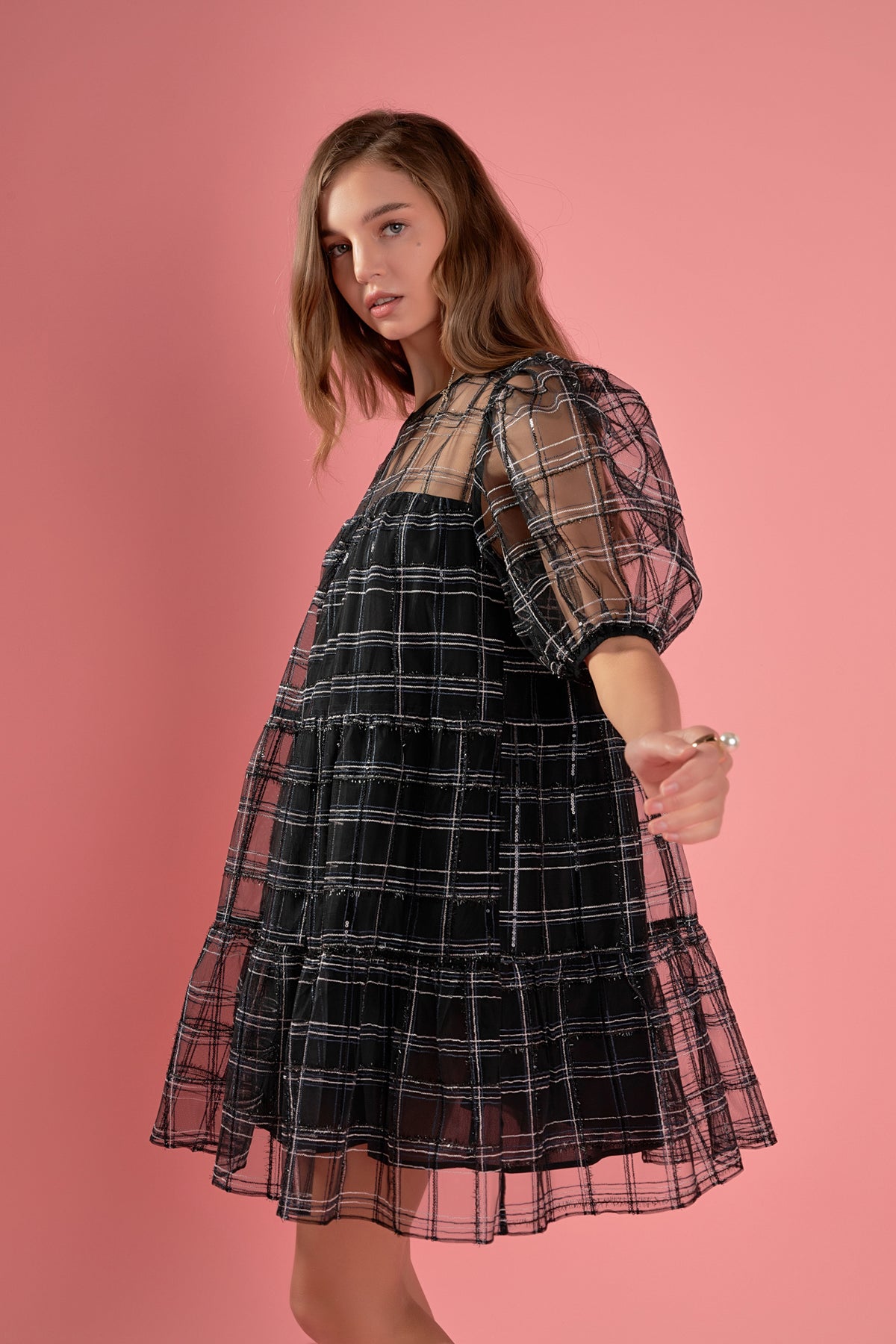 Embroidered Mesh Puff Sleeve Mini Tiered Dress