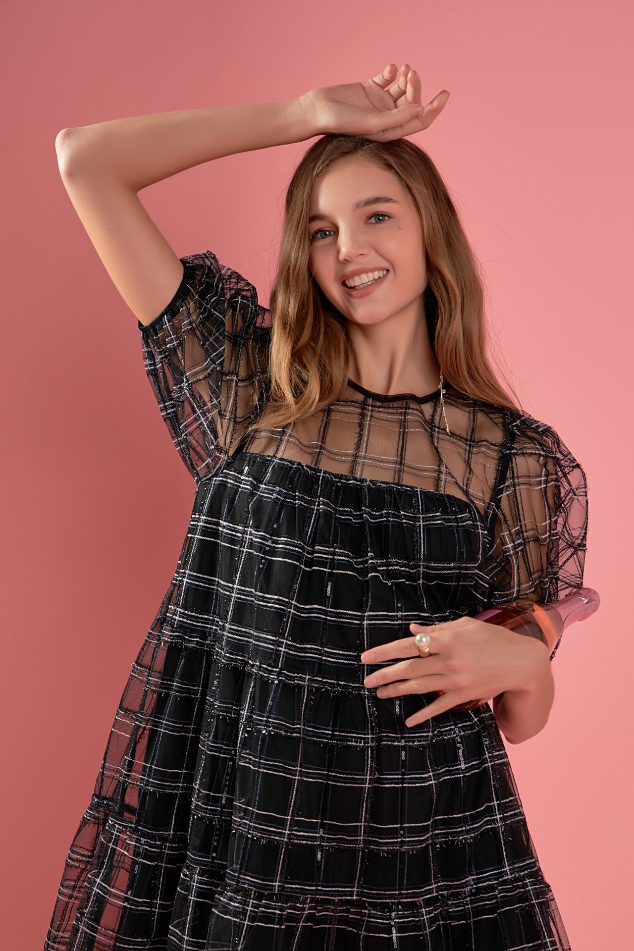 ENGLISH FACTORY - Embroidered Mesh Puff Sleeve Mini Tiered Dress - DRESSES available at Objectrare