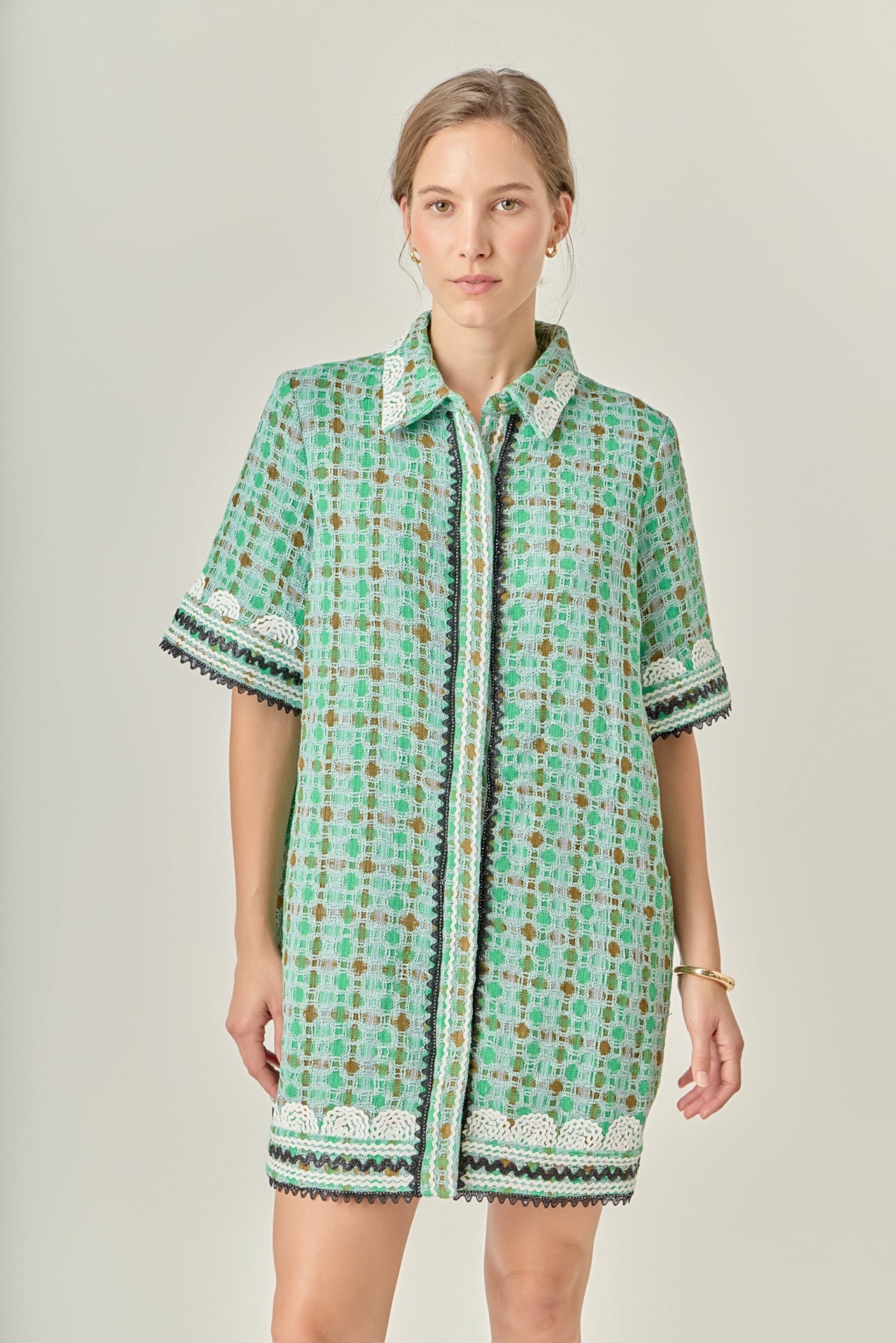 English Factory - Boucle Mini Shirt Dress with Ric Rac Trim Mint / M English Factory - Boucle Mini Shirt Dress with Ric Rac Trim Mint / M