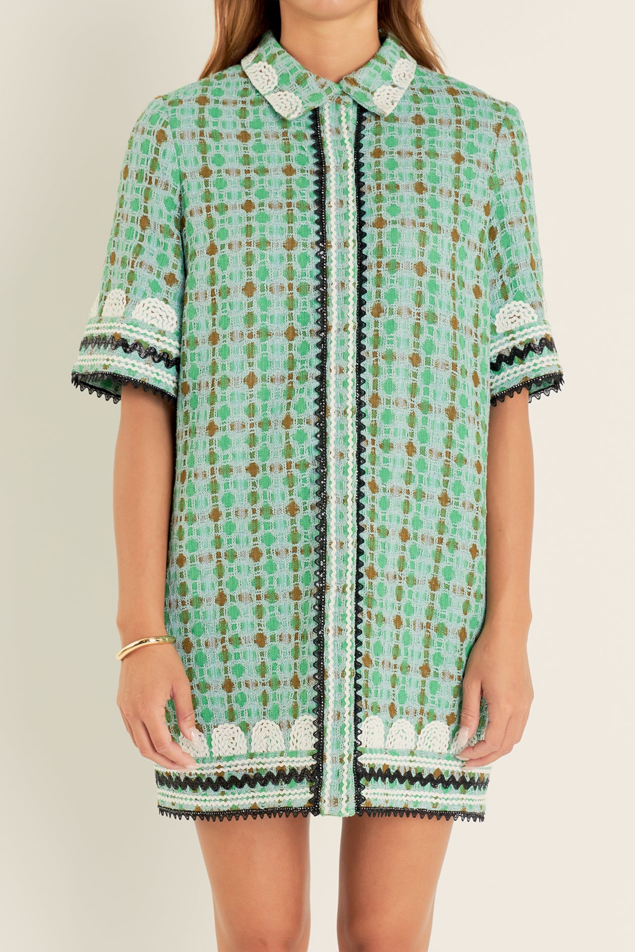 ENGLISH FACTORY - Boucle Mini Shirt Dress With Ric Rac Trim - DRESSES available at Objectrare