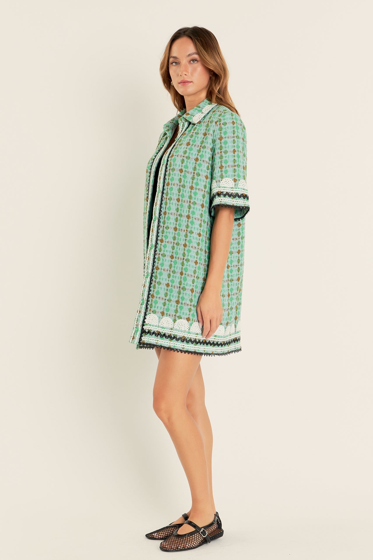 ENGLISH FACTORY - Boucle Mini Shirt Dress With Ric Rac Trim - DRESSES available at Objectrare