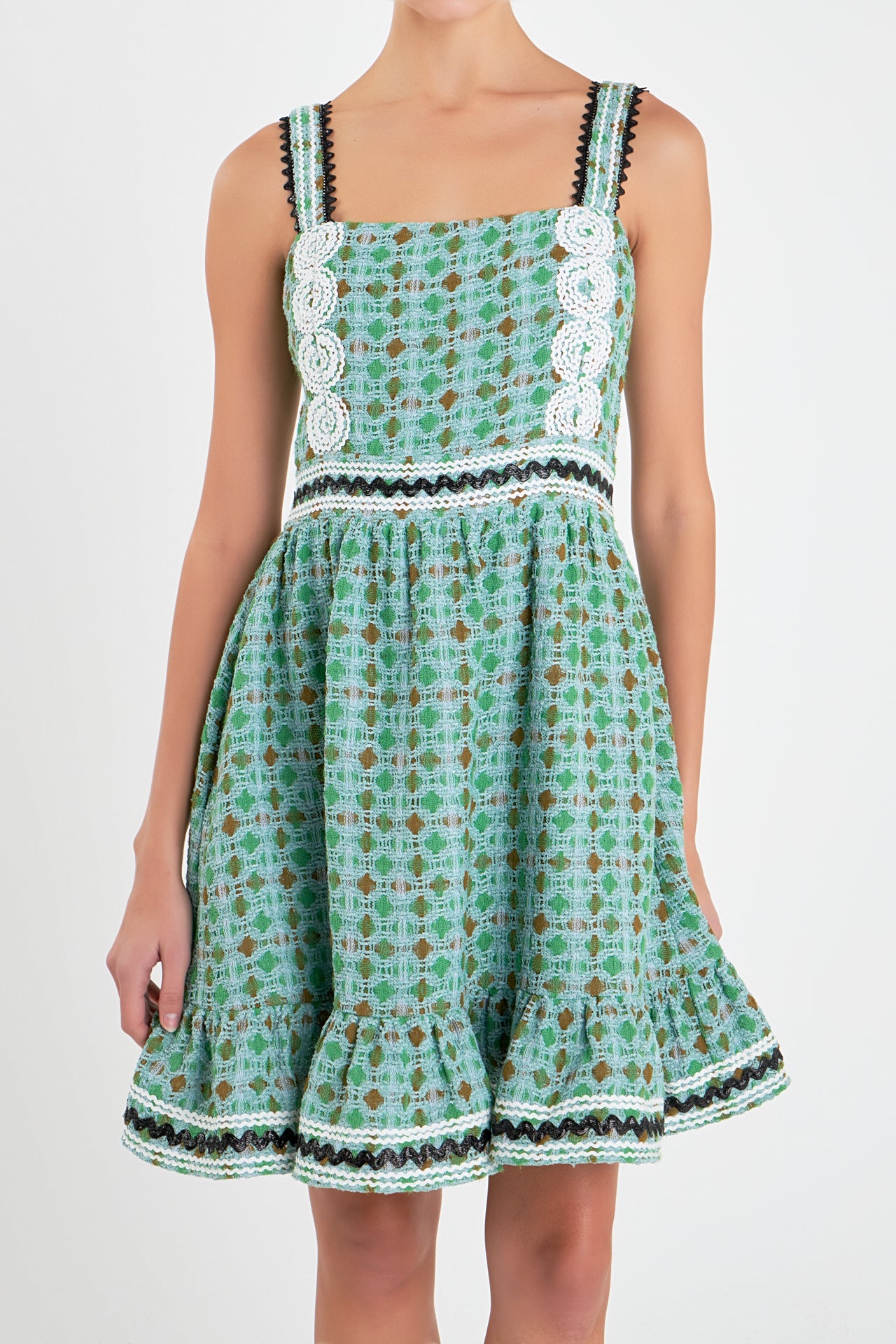 ENGLISH FACTORY - Boucle Square Neck Mini Dress With Ric Rac Trim - DRESSES available at Objectrare