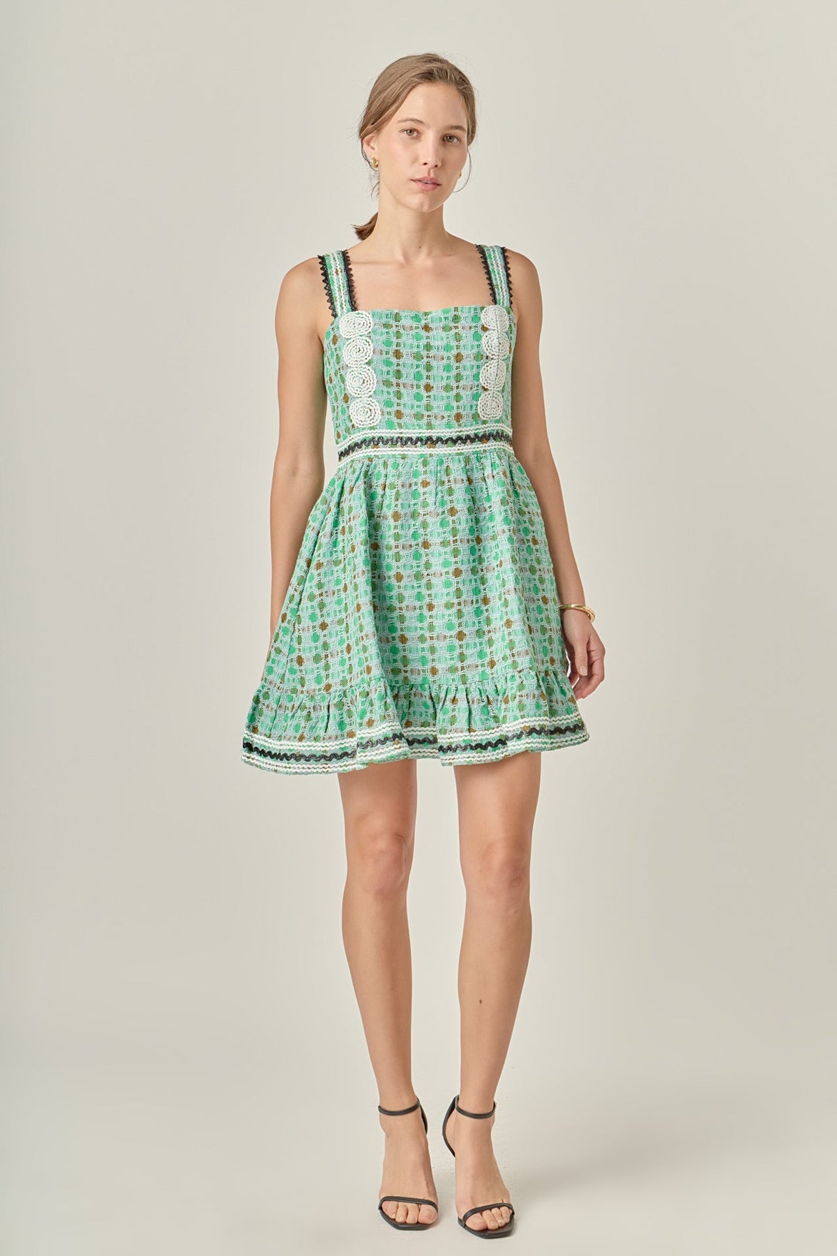 ENGLISH FACTORY - Boucle Square Neck Mini Dress With Ric Rac Trim - DRESSES available at Objectrare