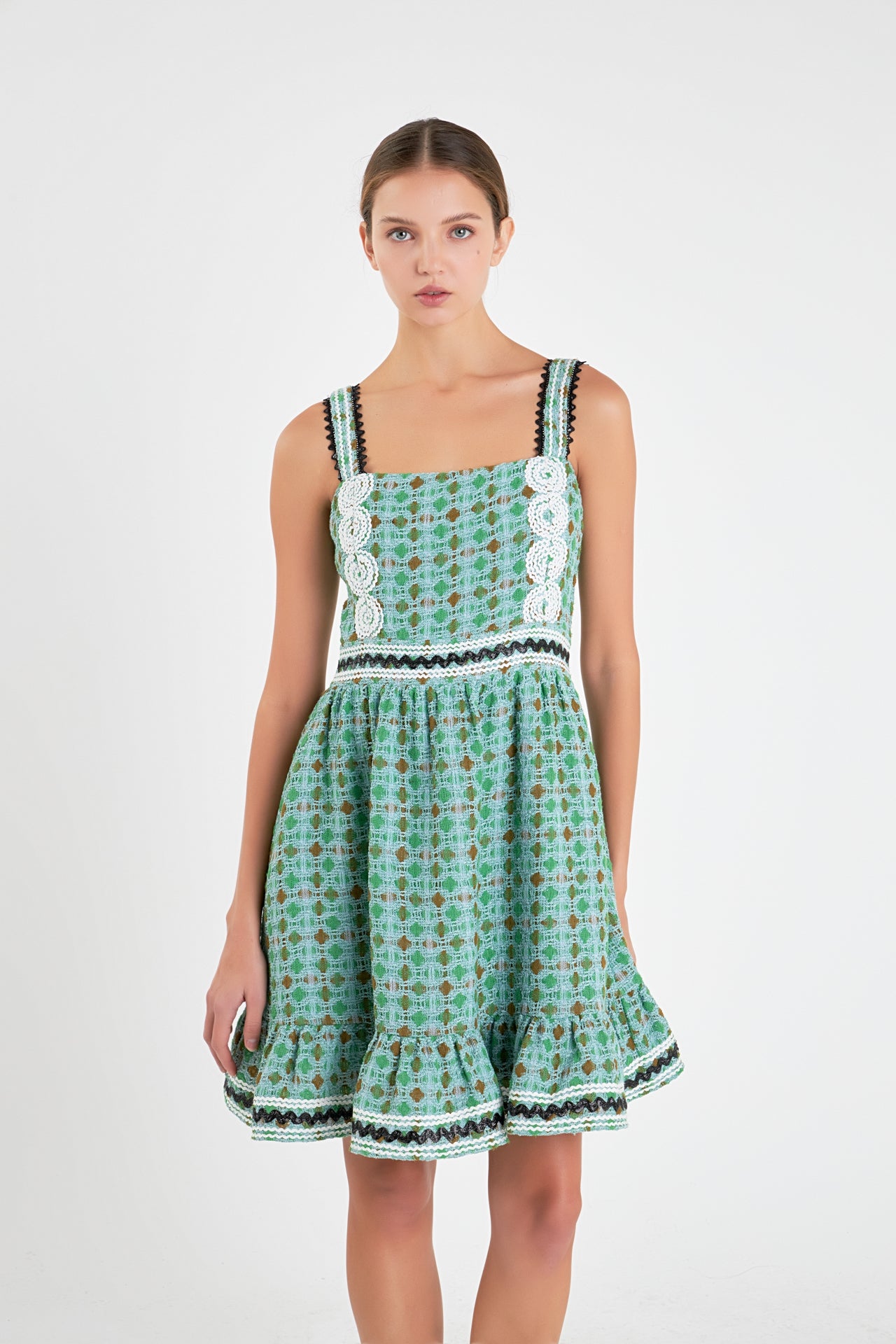 ENGLISH FACTORY - English Factory - Boucle Square Neck Mini Dress With Ric Rac Trim - DRESSES available at Objectrare