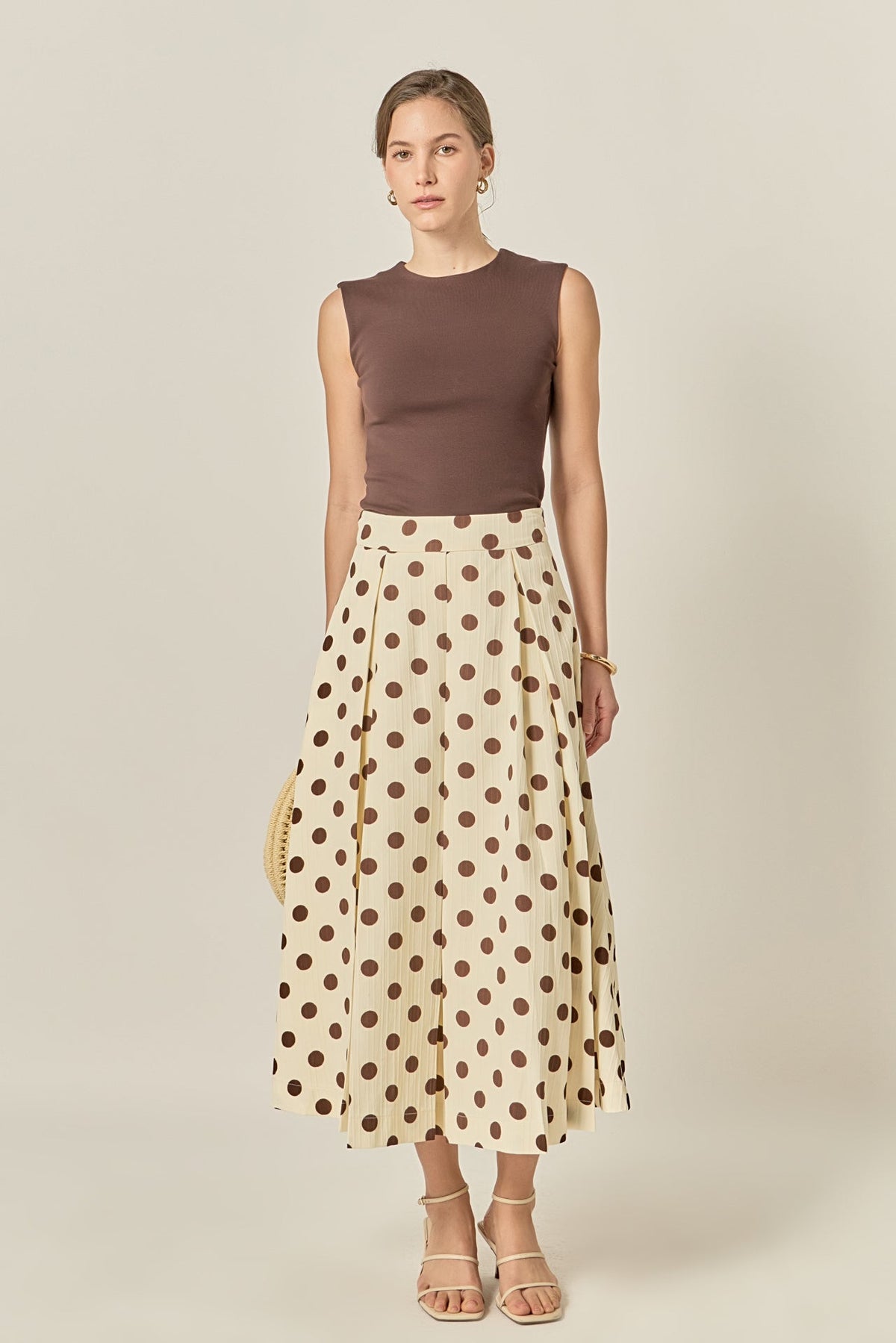 Polka Dot Pleated Midi Skirt