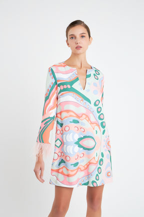 ENGLISH FACTORY - Print Mini Tunic Dress With Feather - DRESSES available at Objectrare