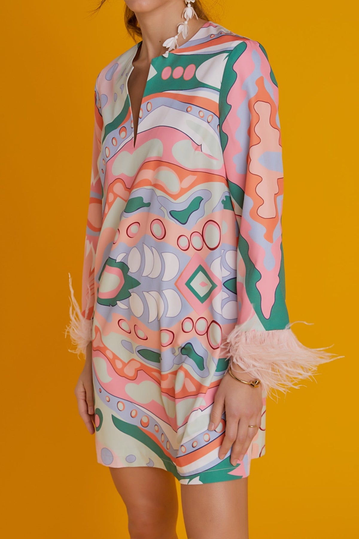 Print Mini Tunic Dress With Feather