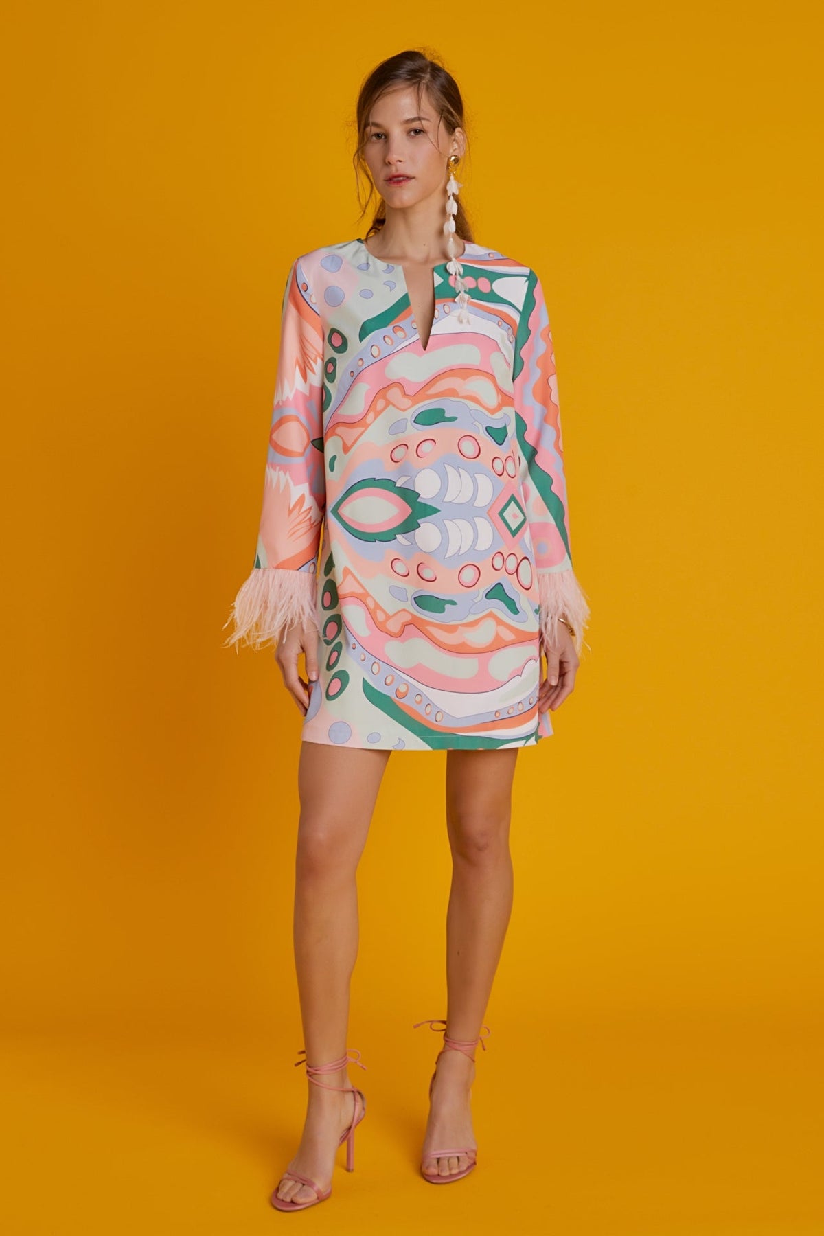 Print Mini Tunic Dress With Feather